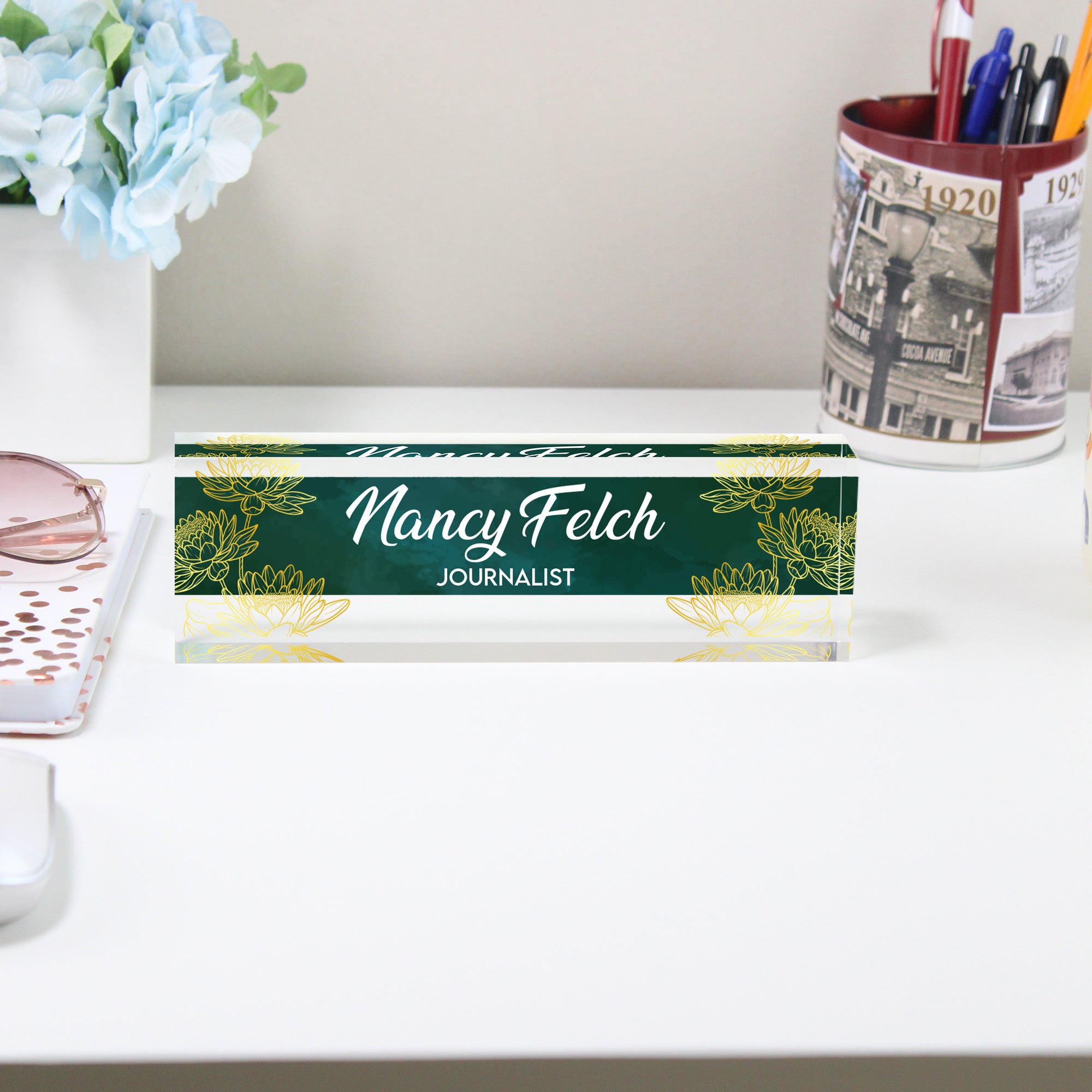 Personalized Acrylic Desk Name Block - Elegant Green Floral Design for Journalists, Writers, and Professionals - Image 2