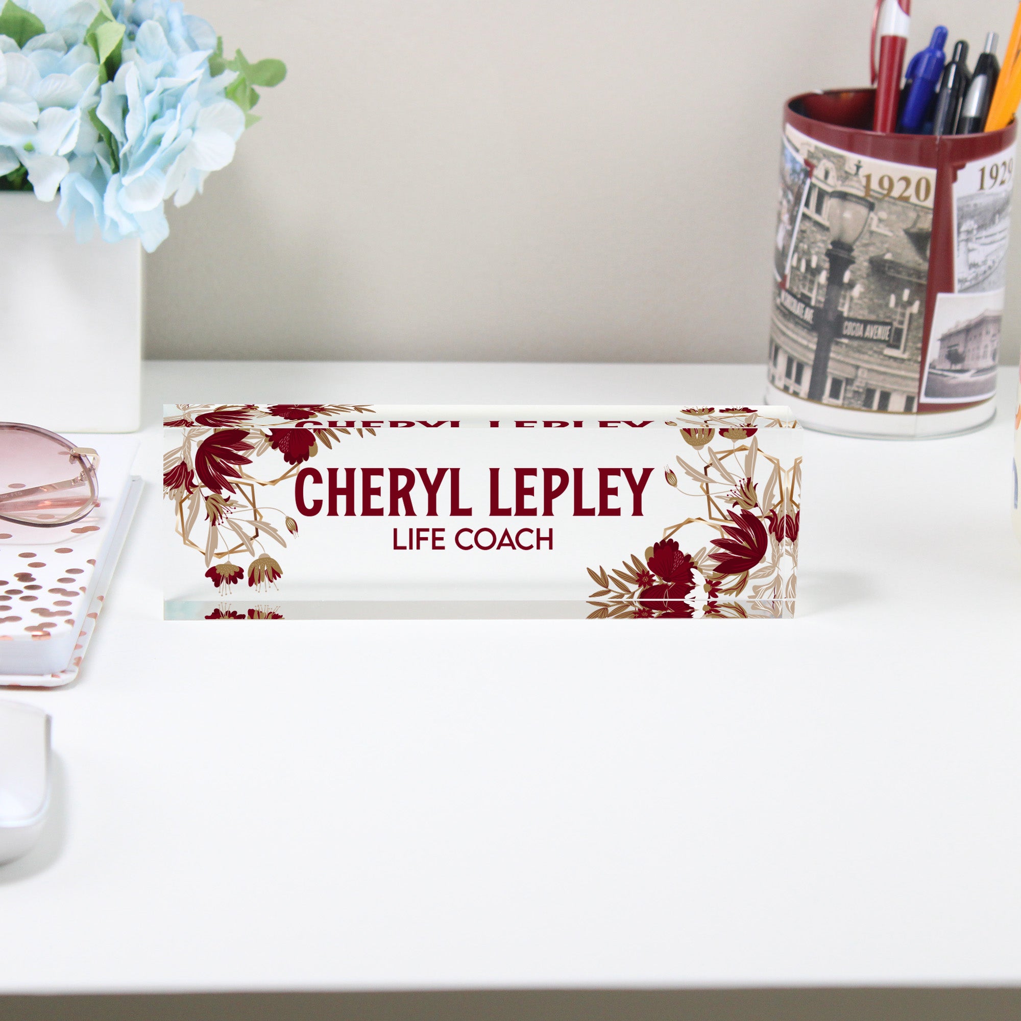 Personalized Floral Acrylic Desk Name Plate - Custom Life Coach Gift, Elegant Office Decor - Image 2