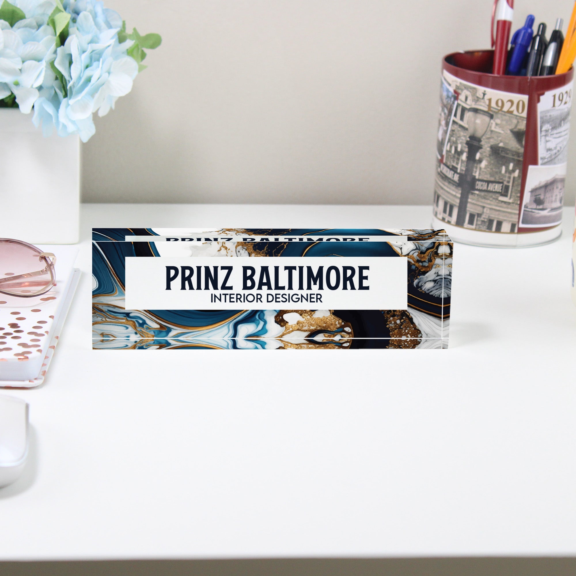 Personalized Acrylic Desk Block for Interior Designers - Elegant Marbled Design - Image 2