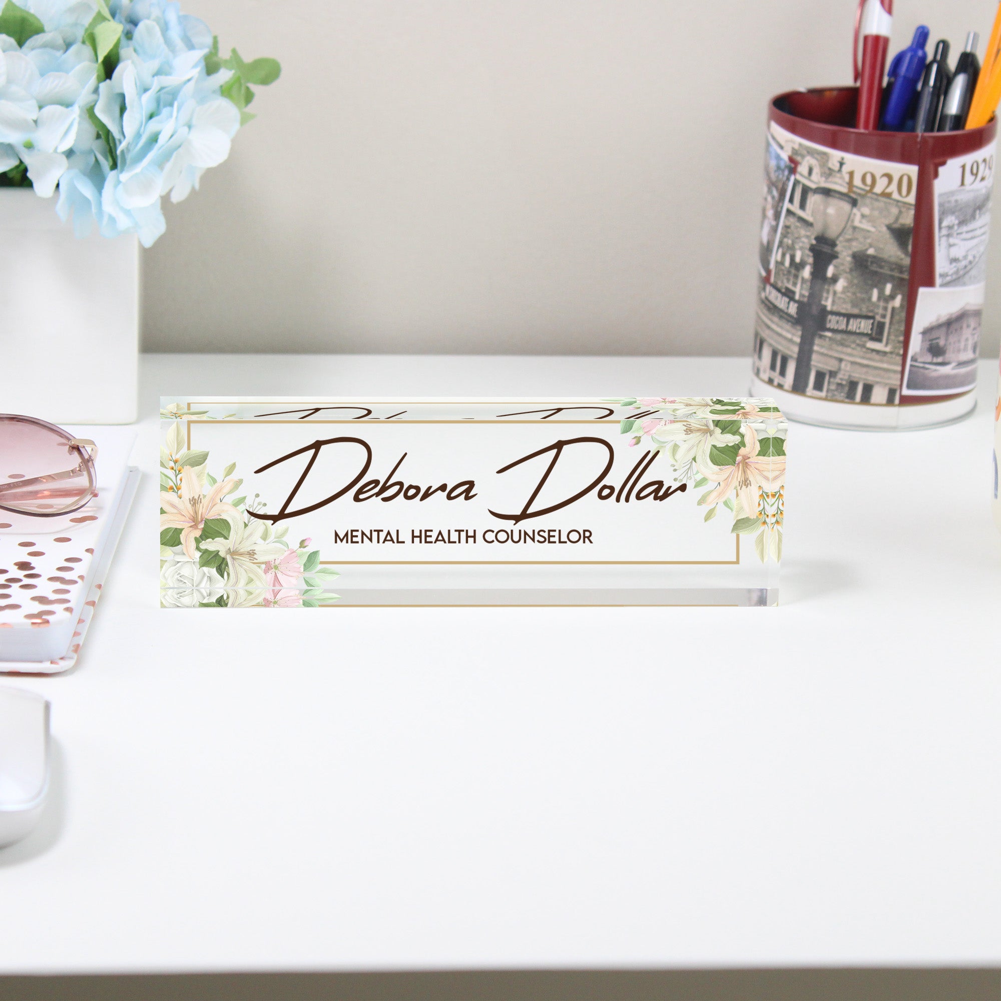 Personalized Acrylic Desk Nameplate with Floral Design - Custom Office Décor for Mental Health Professionals - Image 2