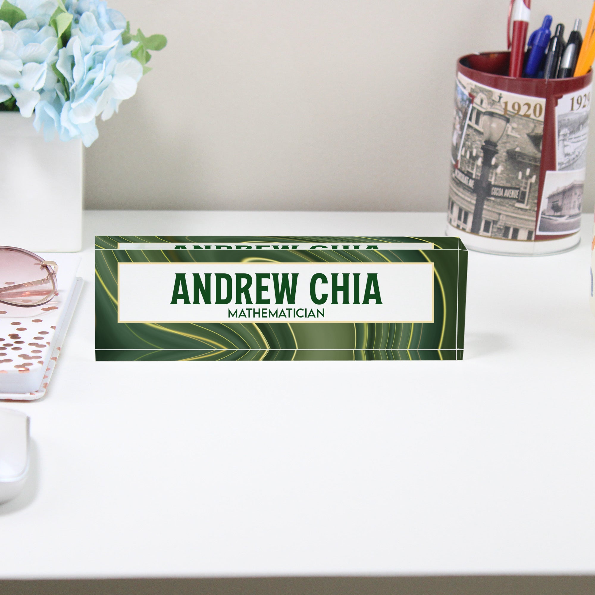 Personalized Acrylic Desk Block - Custom Name and Title Display with Elegant Green Pattern for Mathematicians - Image 2