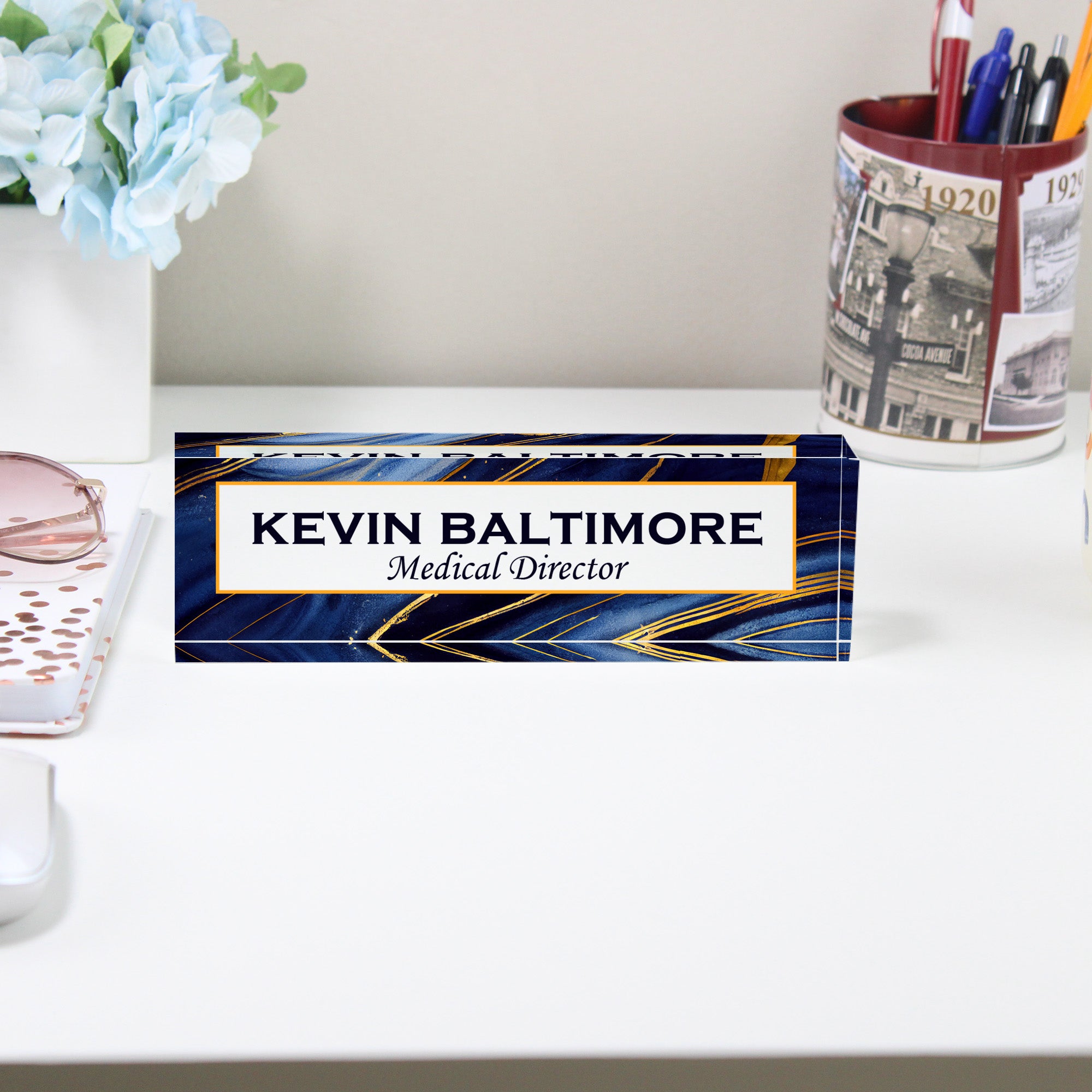 Personalized Acrylic Desk Block with Elegant Blue and Gold Design - Perfect Custom Gift for Professionals and Executives - Image 2
