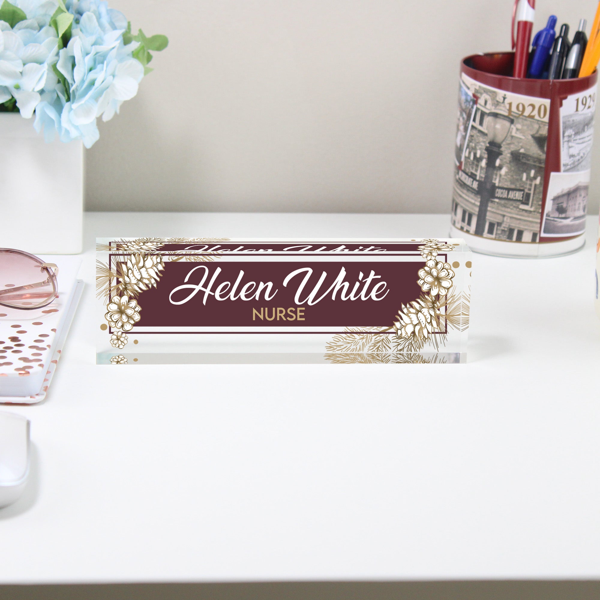 Personalized Acrylic Desk Block with Elegant Floral Design - Custom Name & Profession Engraving for a Unique Gift - Image 2