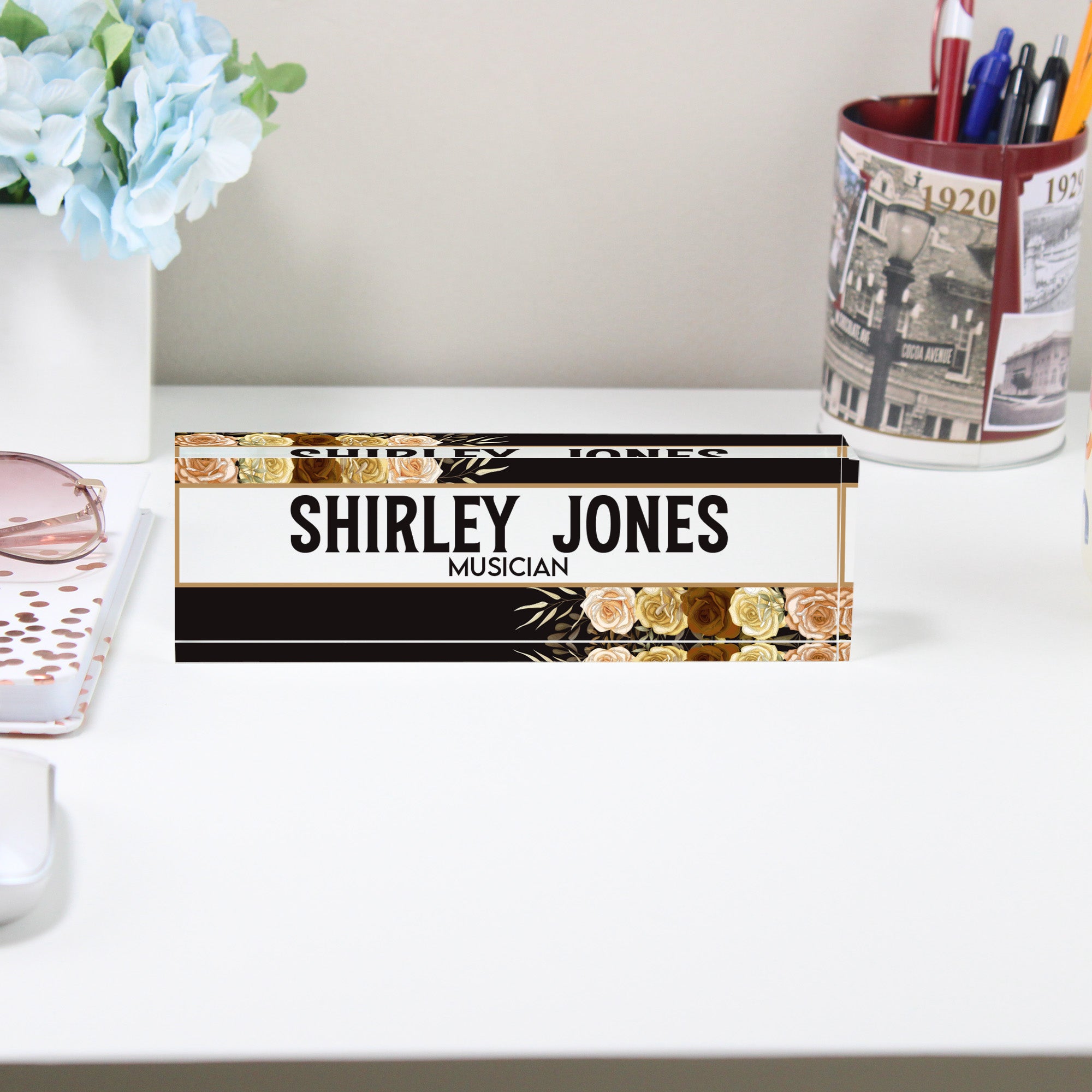 Personalized Acrylic Desk Block with Golden Floral Design - Custom Nameplate for Musicians and Music Lovers - Image 2