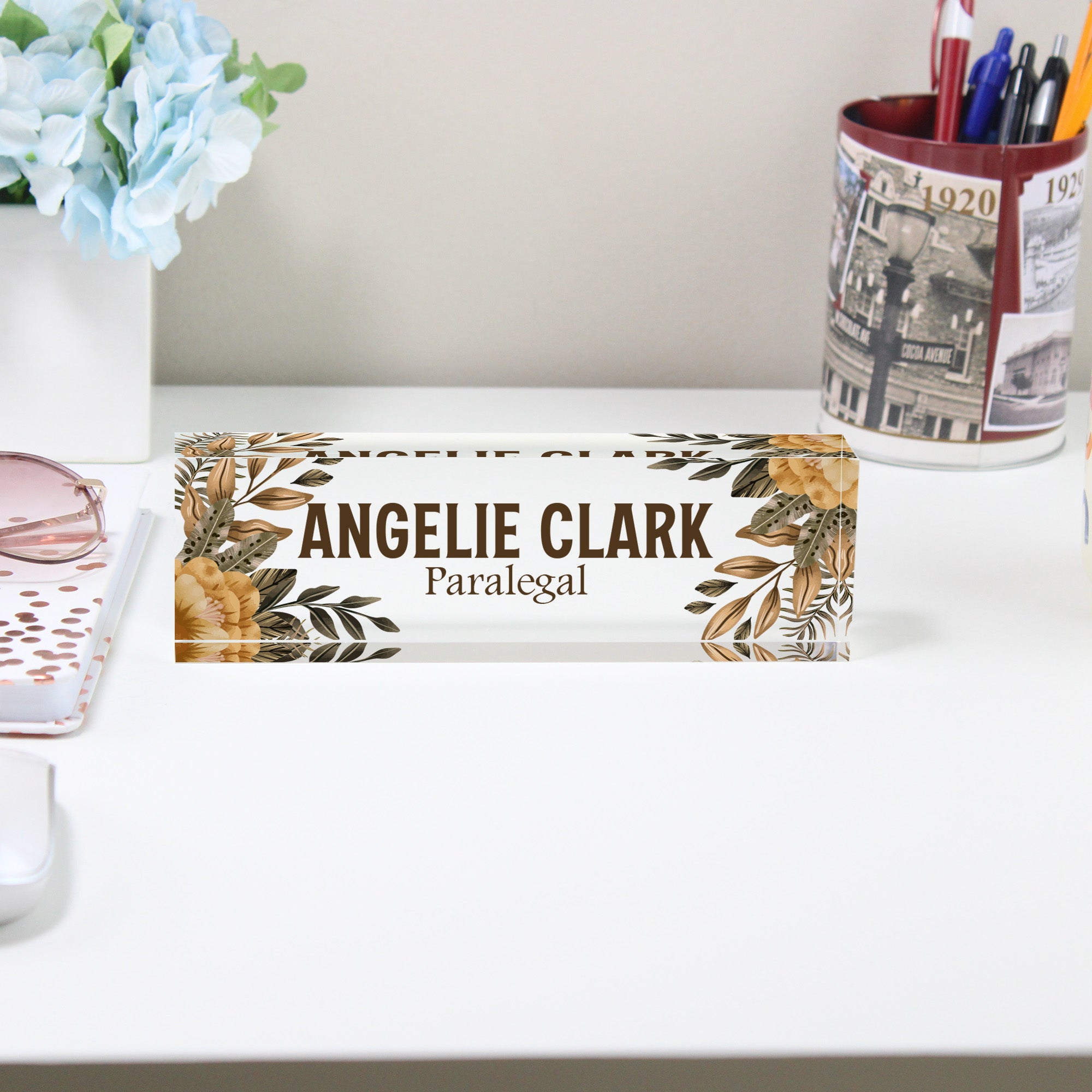 Personalized Floral Acrylic Desk Block Nameplate for Paralegals – Custom Office Decor and Perfect Gift for Legal Professionals - Image 2
