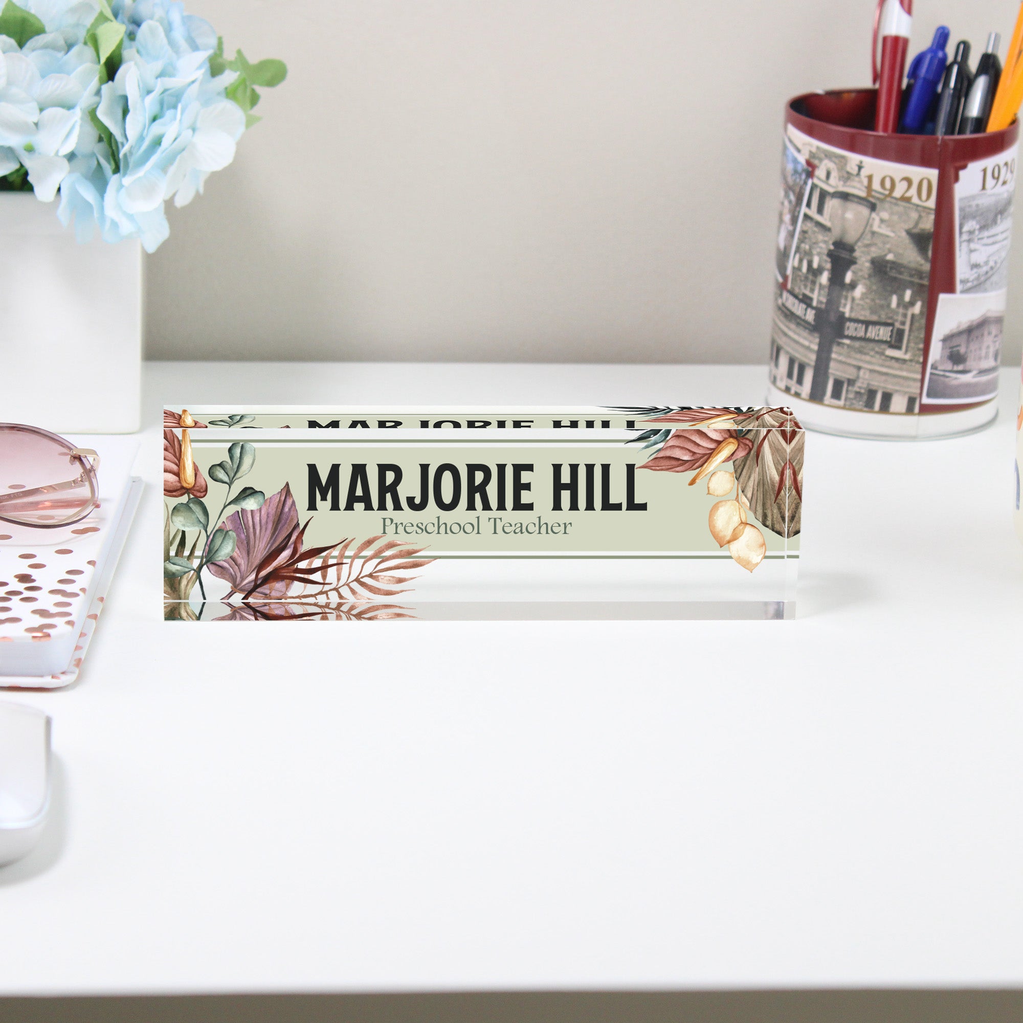 Custom Acrylic Desk Block for Teachers - Personalized Nameplate with Botanical Design - Perfect Gift for Educators - Image 2