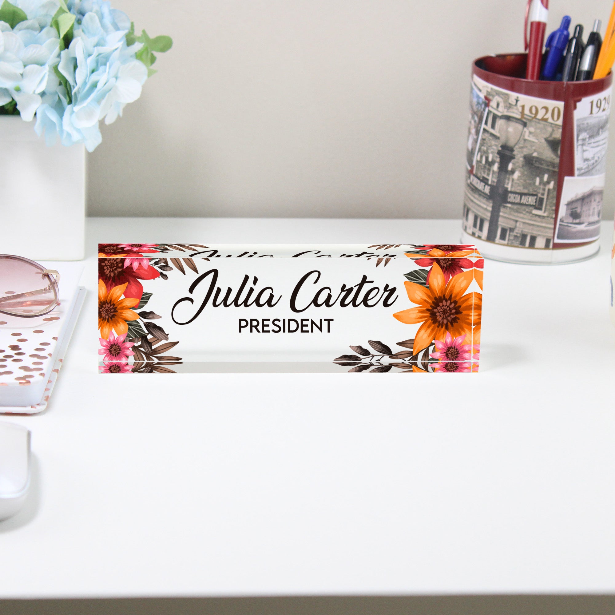 Personalized Floral Acrylic Desk Nameplate - Elegant Custom Name Sign for Office or Gift - Image 2