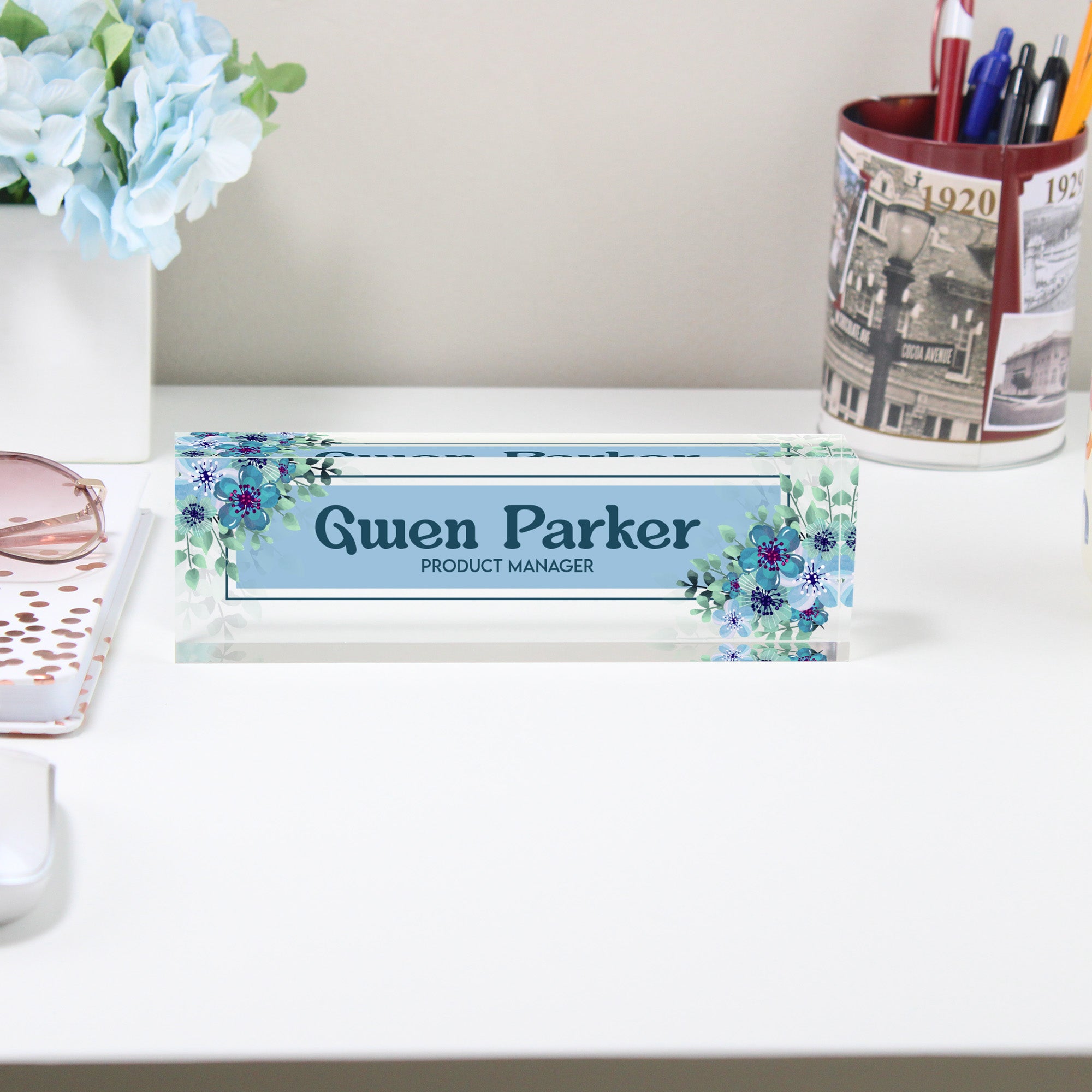 Personalized Acrylic Desk Block Name Plate with Floral Design - Custom Office Decor for Product Managers - Image 2