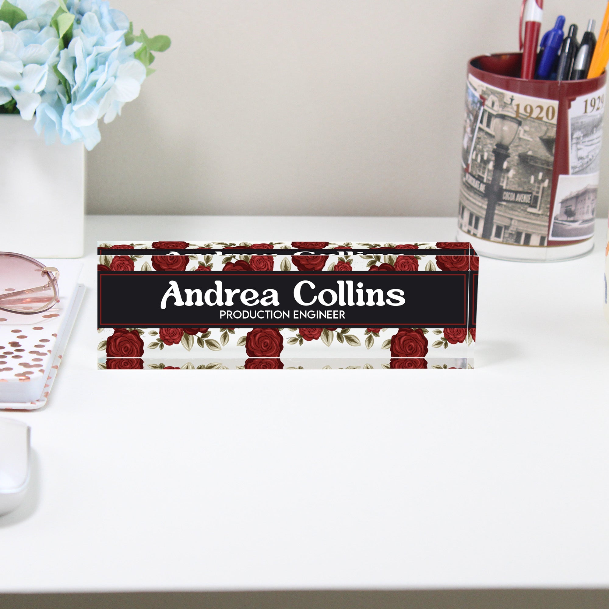 Personalized Acrylic Desk Name Plate - Elegant Rose Design for Office Professional - Perfect Gift for Engineers - Image 2