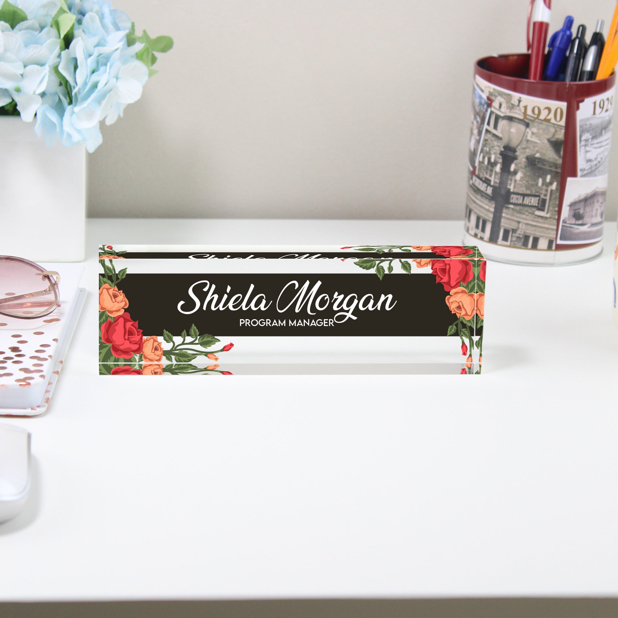 Personalized Floral Acrylic Desk Block - Elegant Nameplate for Program Managers - Customizable Gift for Office Decor - Image 2