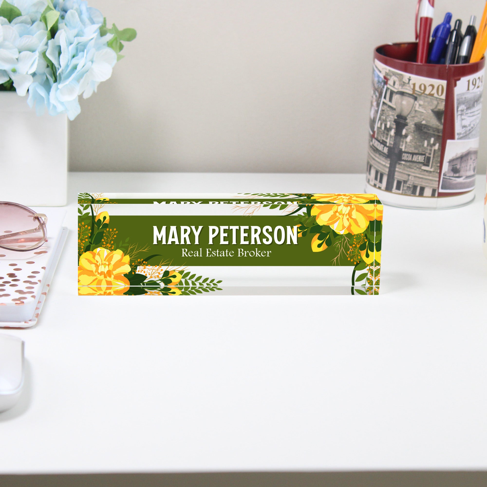 Personalized Acrylic Desk Name Plate with Floral Design - Elegant Custom Office Decor for Real Estate Agents and Professionals - Image 2