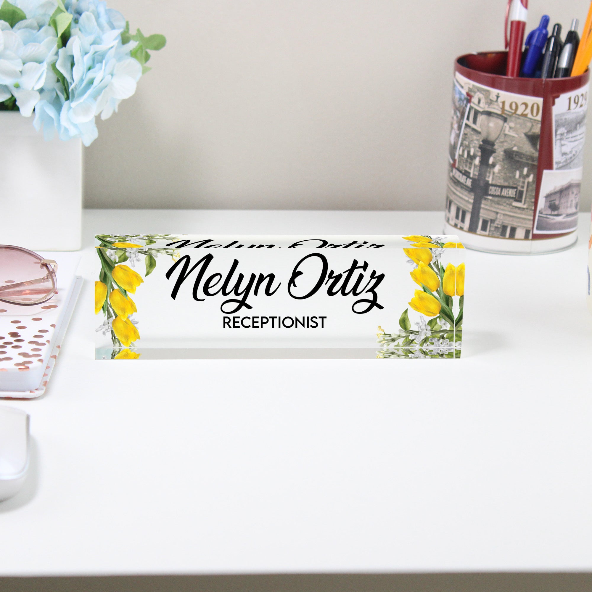 Personalized Acrylic Desk Name Plate with Yellow Floral Design – Custom Office Decor for Receptionists and Gift Giving - Image 2