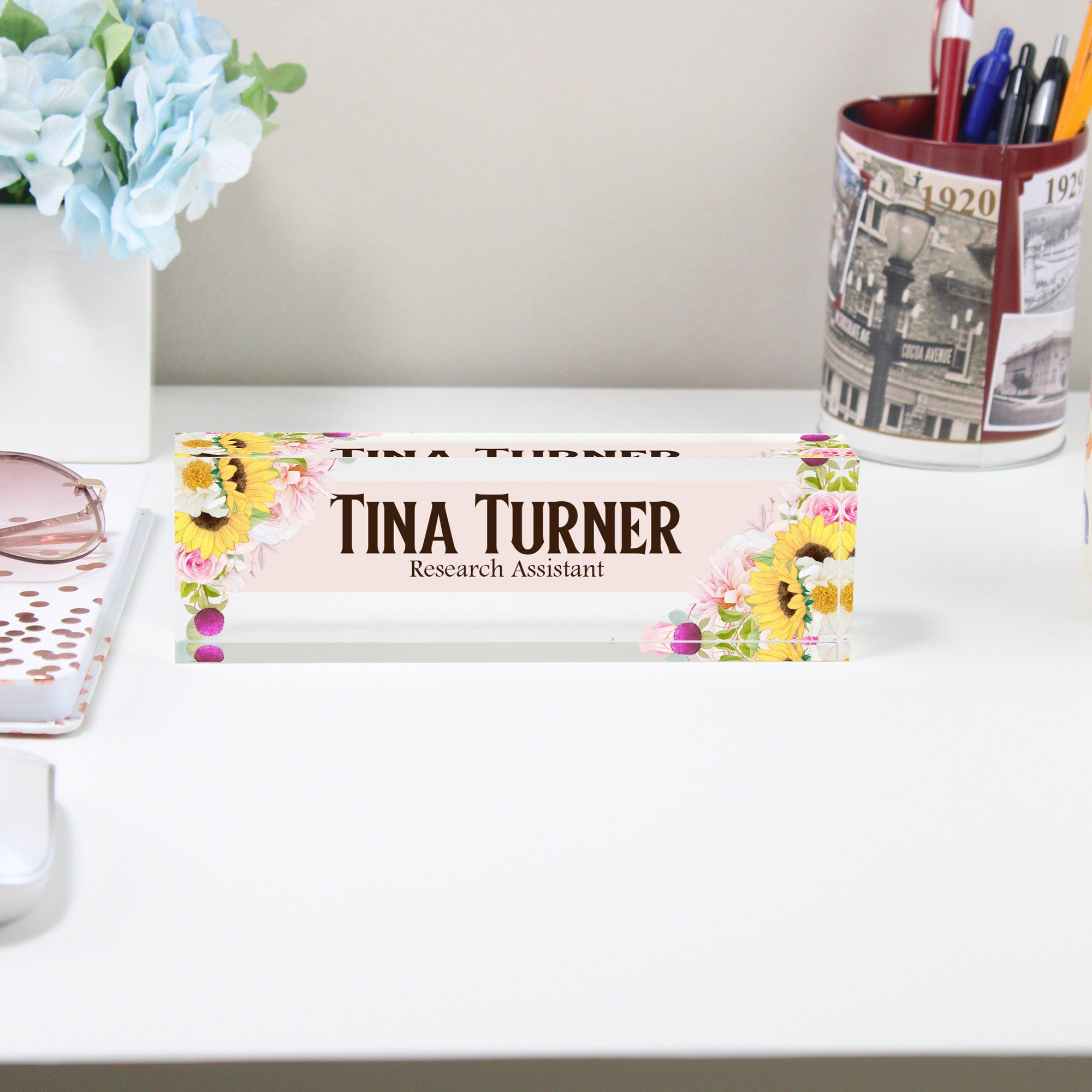 Personalized Floral Acrylic Desk Block - Custom Name Plate for Home or Office - Elegant Gift for Research Assistants - Image 2