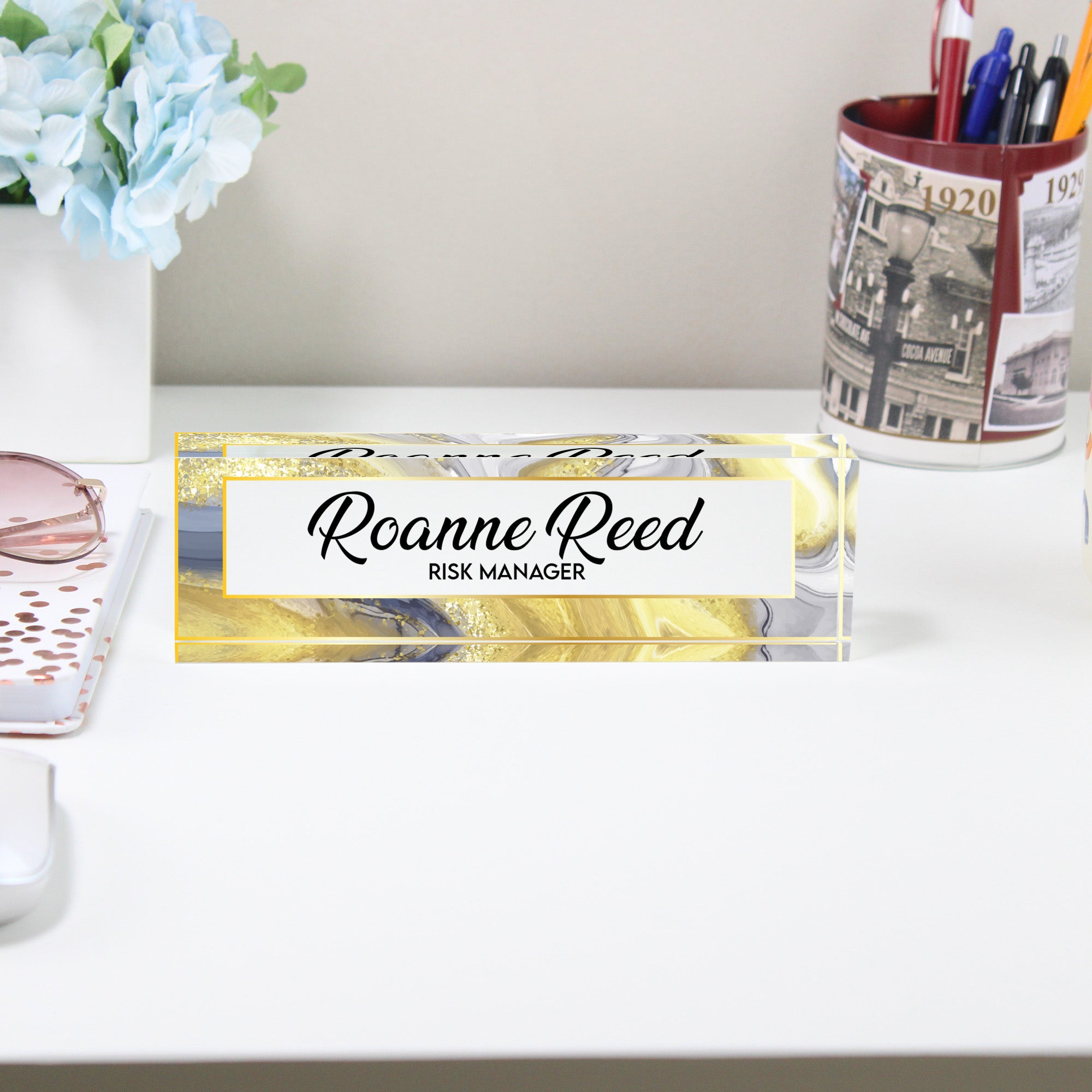 Personalized Acrylic Desk Name Plate - Elegant Gold Marbled Design for Risk Managers - Custom Office Decor & Gift - Image 2