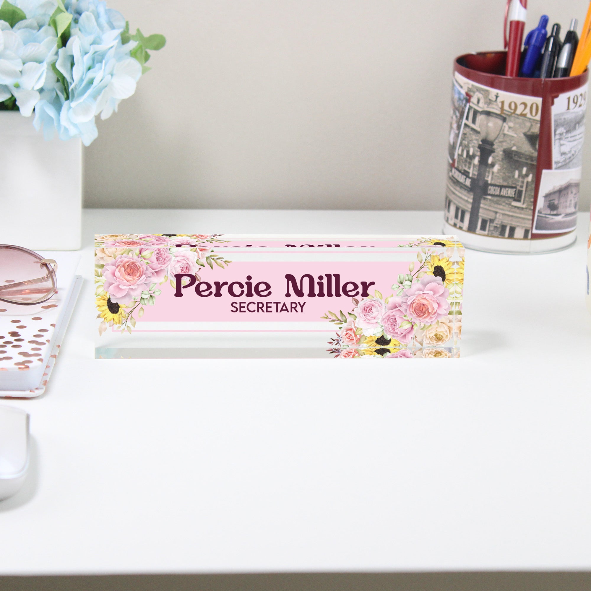 Personalized Floral Acrylic Desk Nameplate - Custom Secretary Gift, Elegant Floral Design, Perfect for Office Décor - Image 2