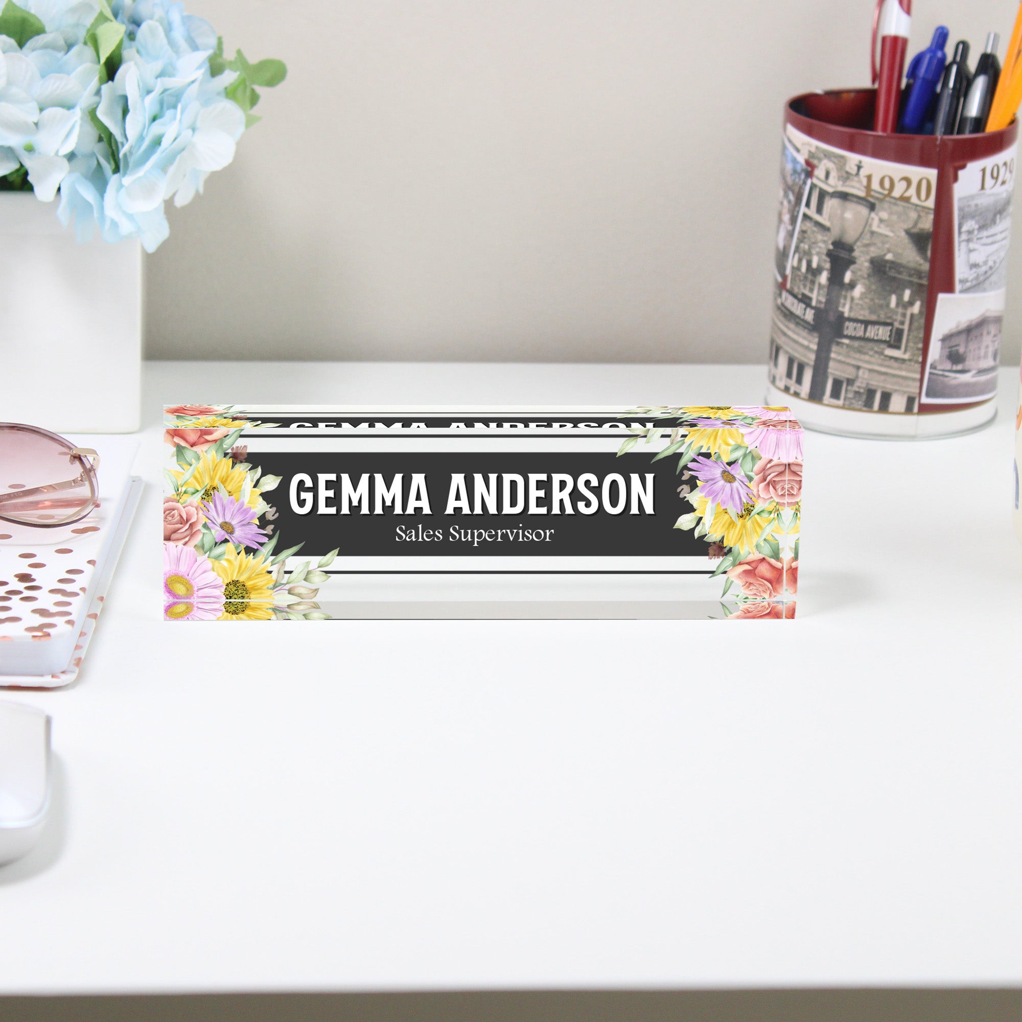 Personalized Floral Acrylic Desk Block with Custom Name & Title – Perfect Gift for Sales Professionals - Image 2