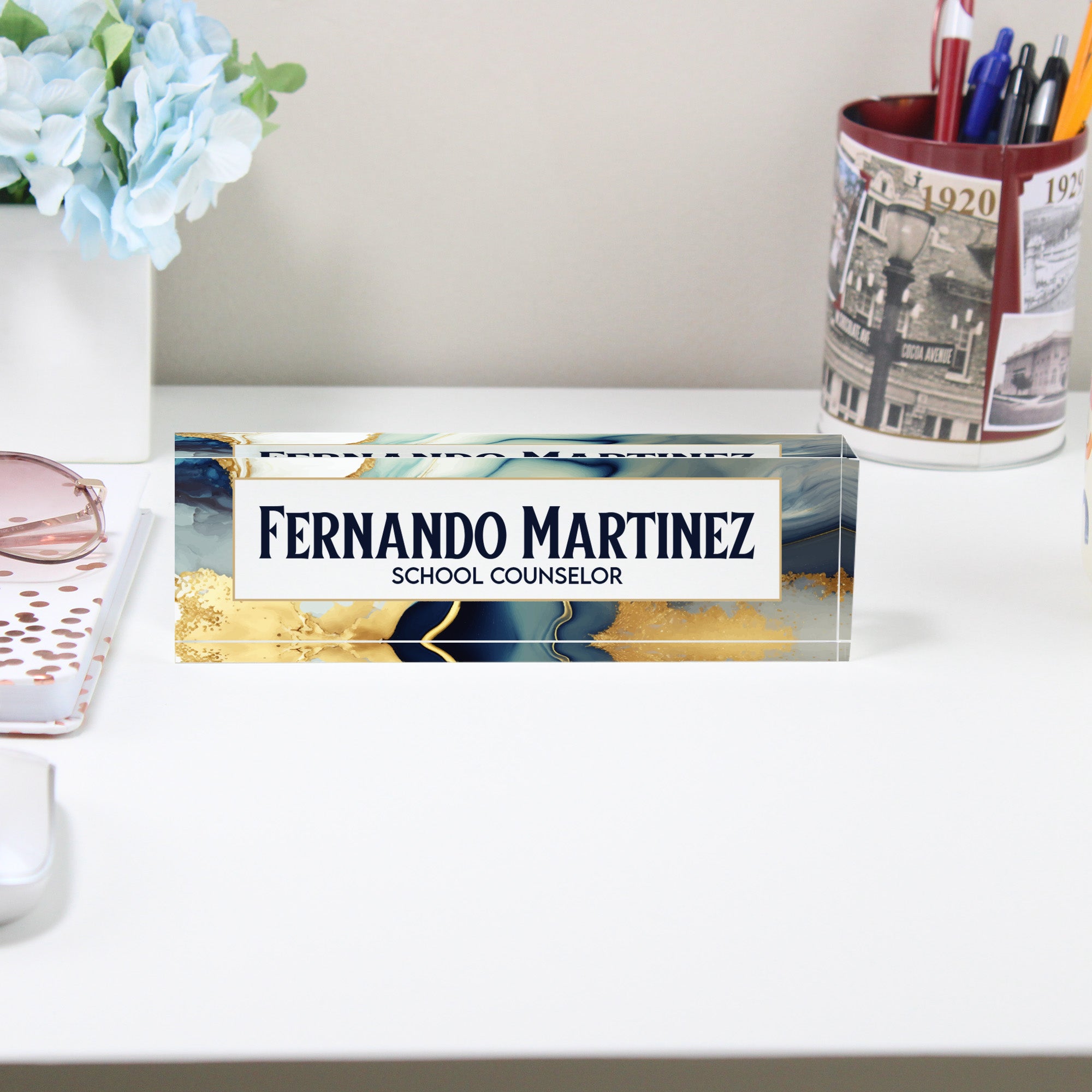 Personalized Acrylic Desk Nameplate with Marble and Gold Design - Custom Office Decor for Teachers and Professionals - Image 2