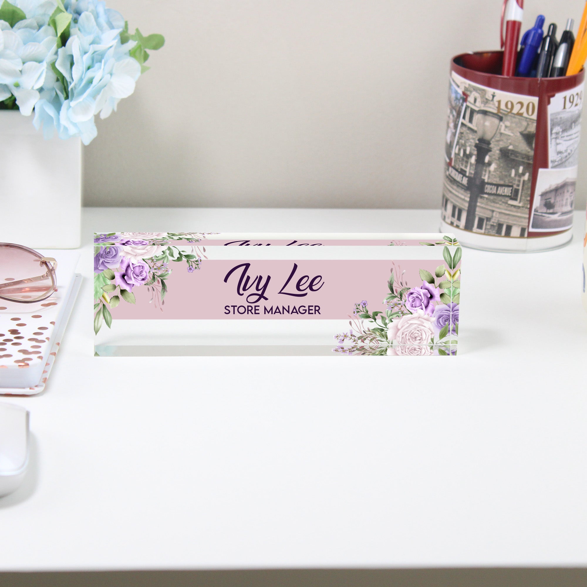 Personalized Floral Acrylic Desk Block - Custom Name Plate for Store Manager - Elegant Office Decor and Thoughtful Gift - Image 2