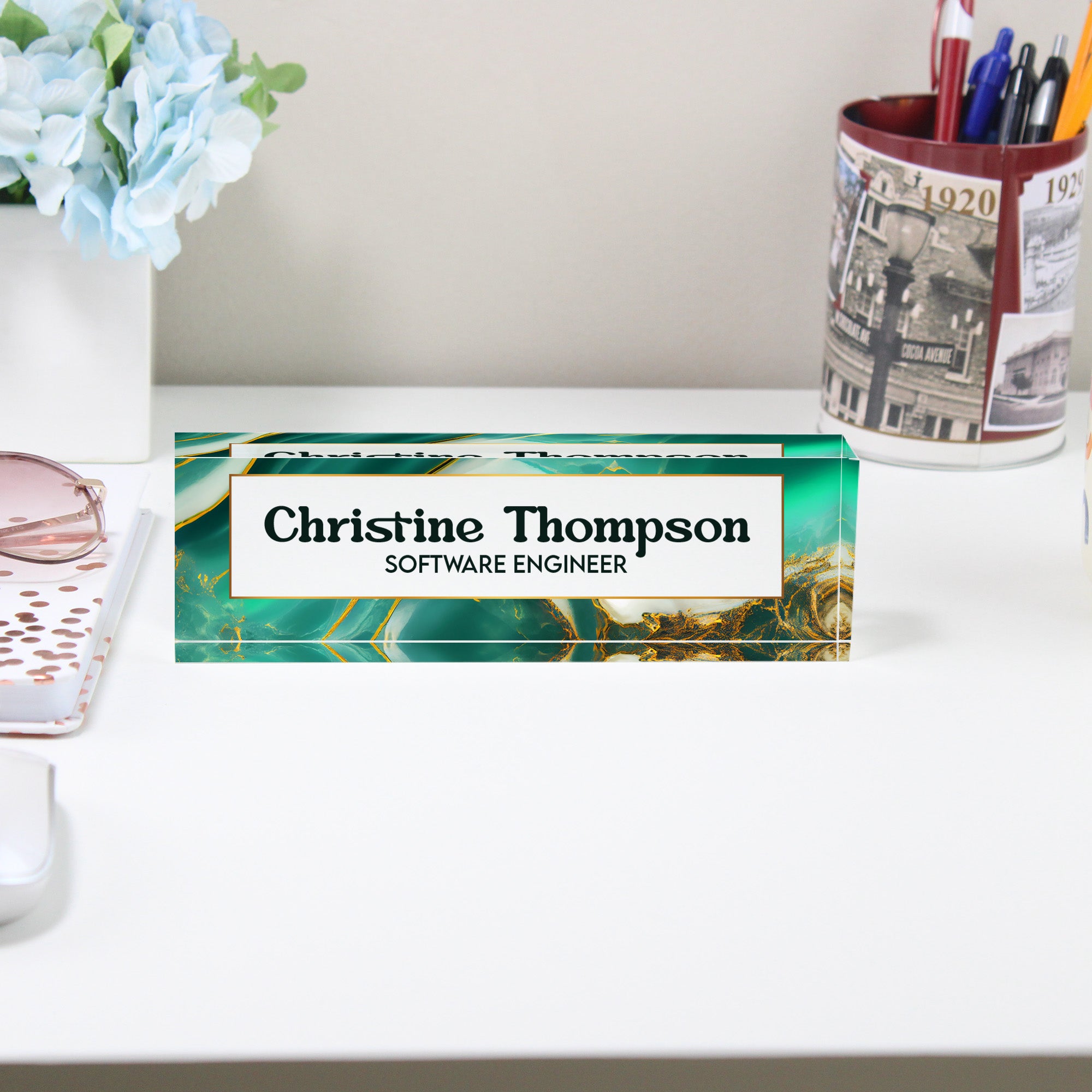 Personalized Acrylic Desk Block with Elegant Teal and Gold Marble Design – Custom Nameplate for Professionals & Gift Occasions - Image 2