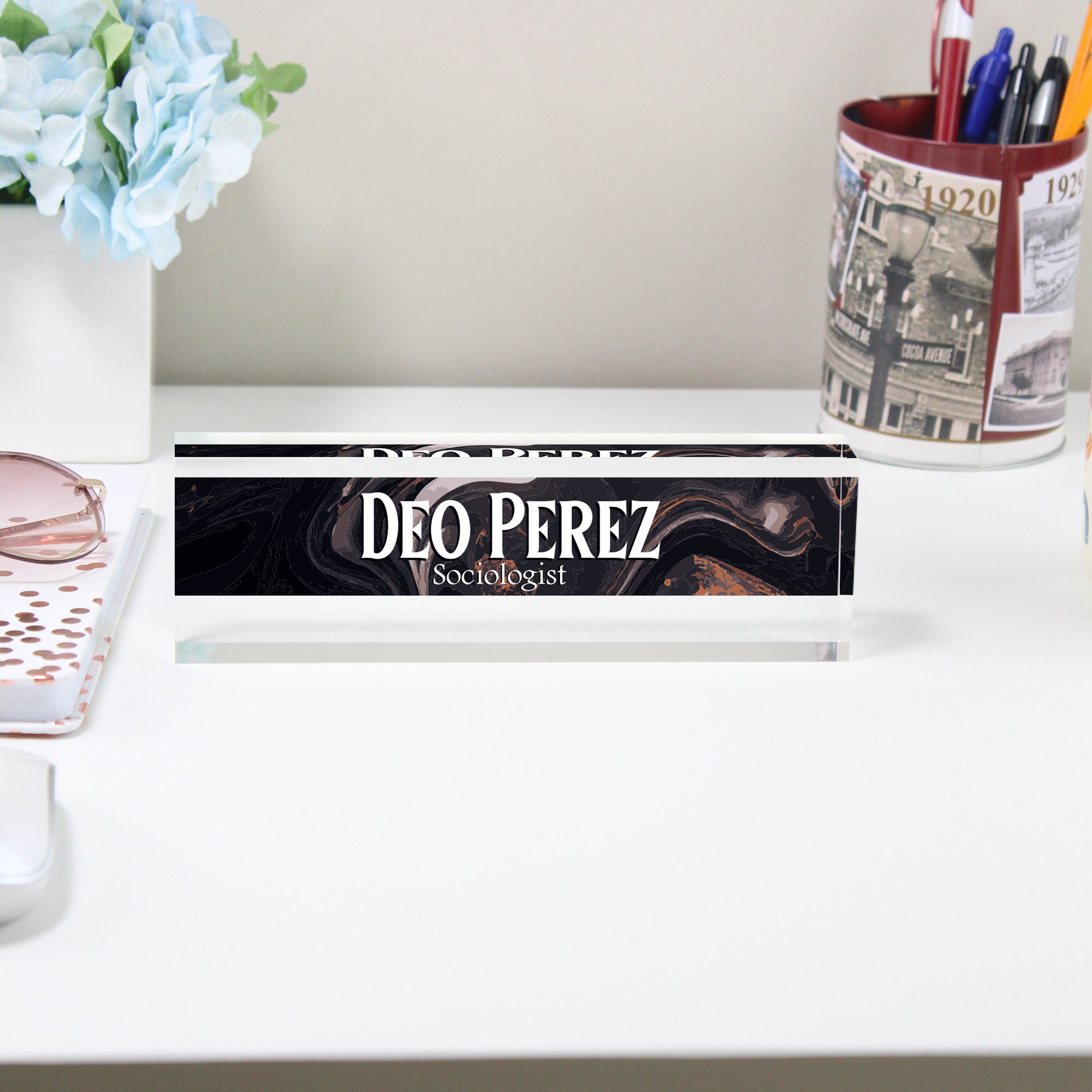 Personalized Acrylic Desk Block - Custom Name Plaque for Professionals - Elegant Marbled Design with Engraved Text - Image 2