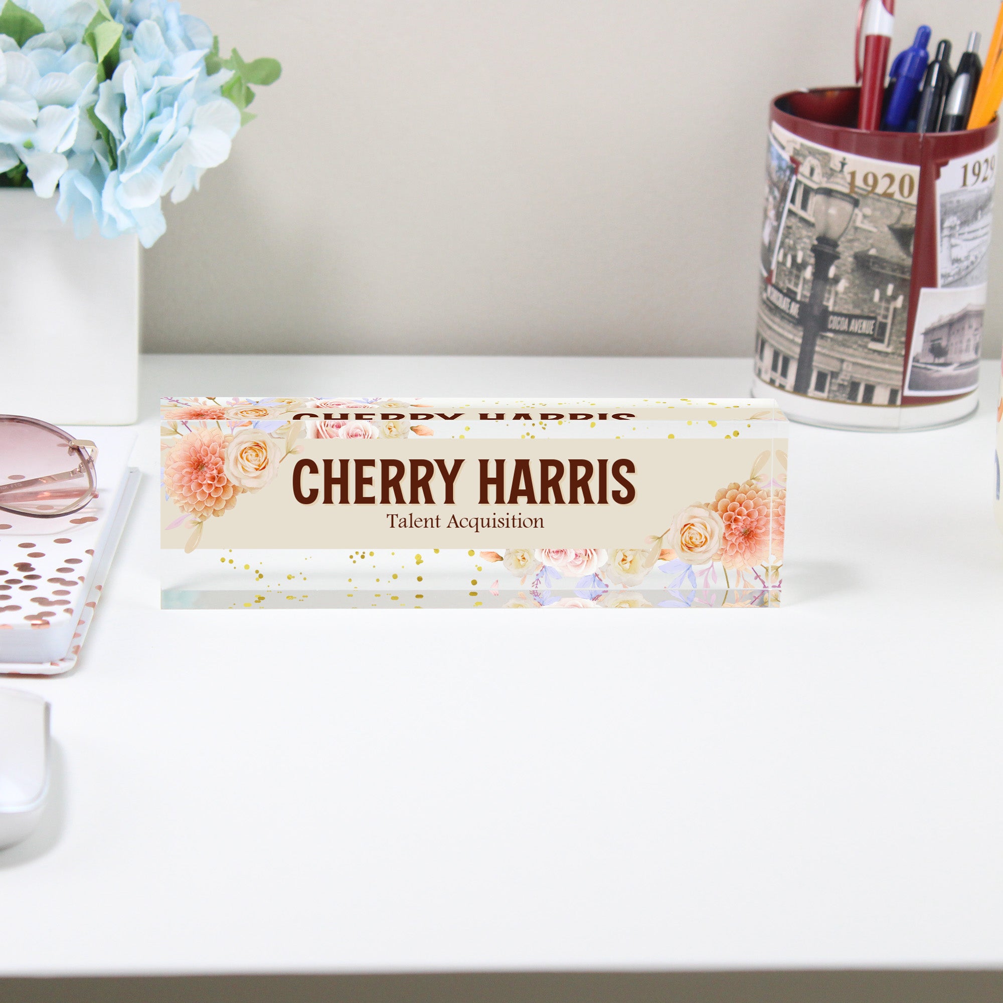Personalized Floral Acrylic Desk Block for Talent Acquisition Professionals - Custom Name Plate Gift - Image 2