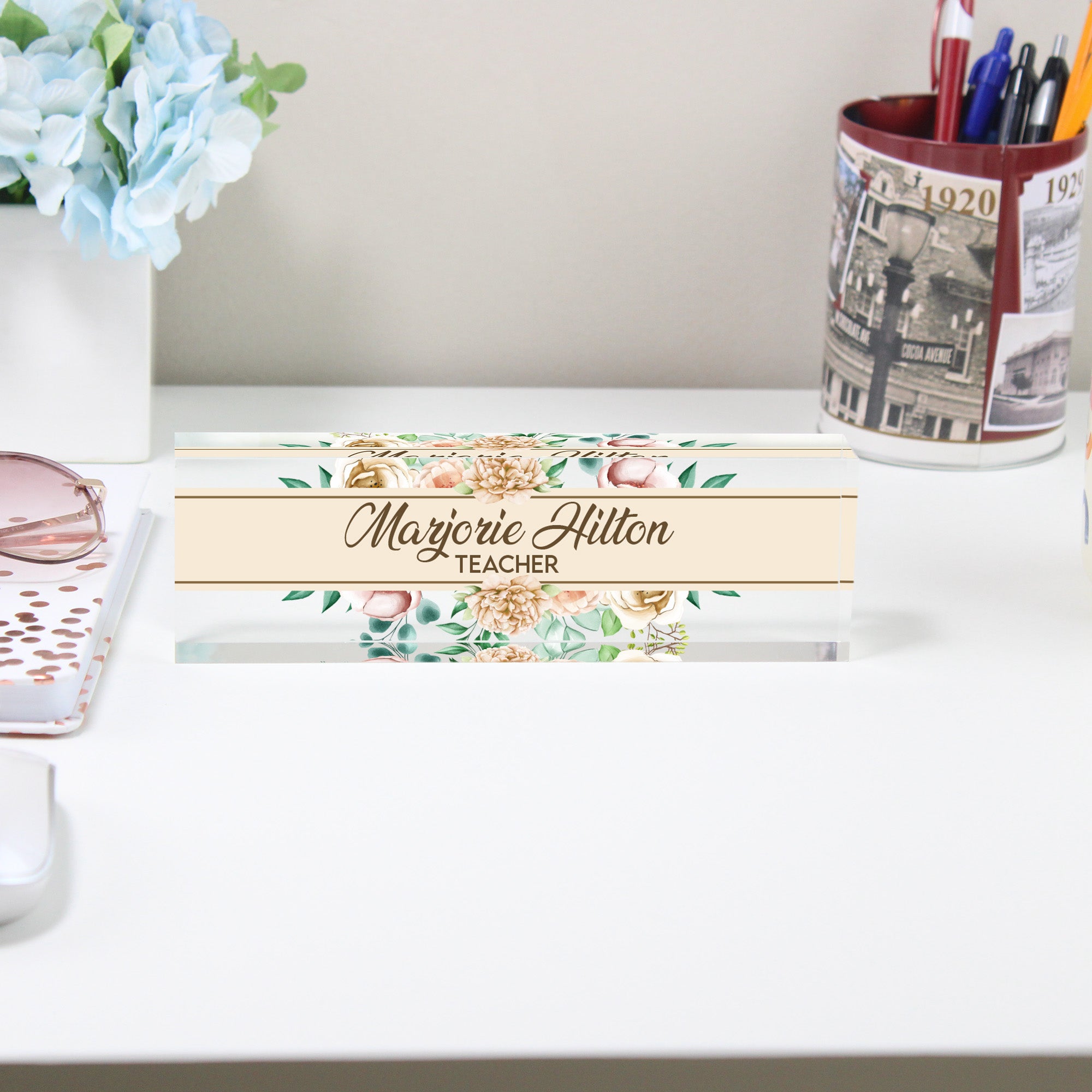 Custom Floral Acrylic Desk Name Plate - Personalized Teacher Gift with Elegant Bloom Design - Image 2
