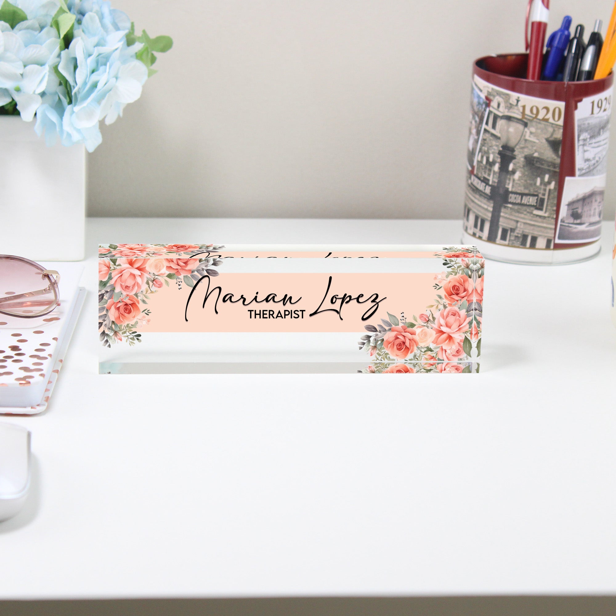 Personalized Floral Acrylic Desk Name Plate - Elegant Custom Gift for Therapists and Professionals - Image 2