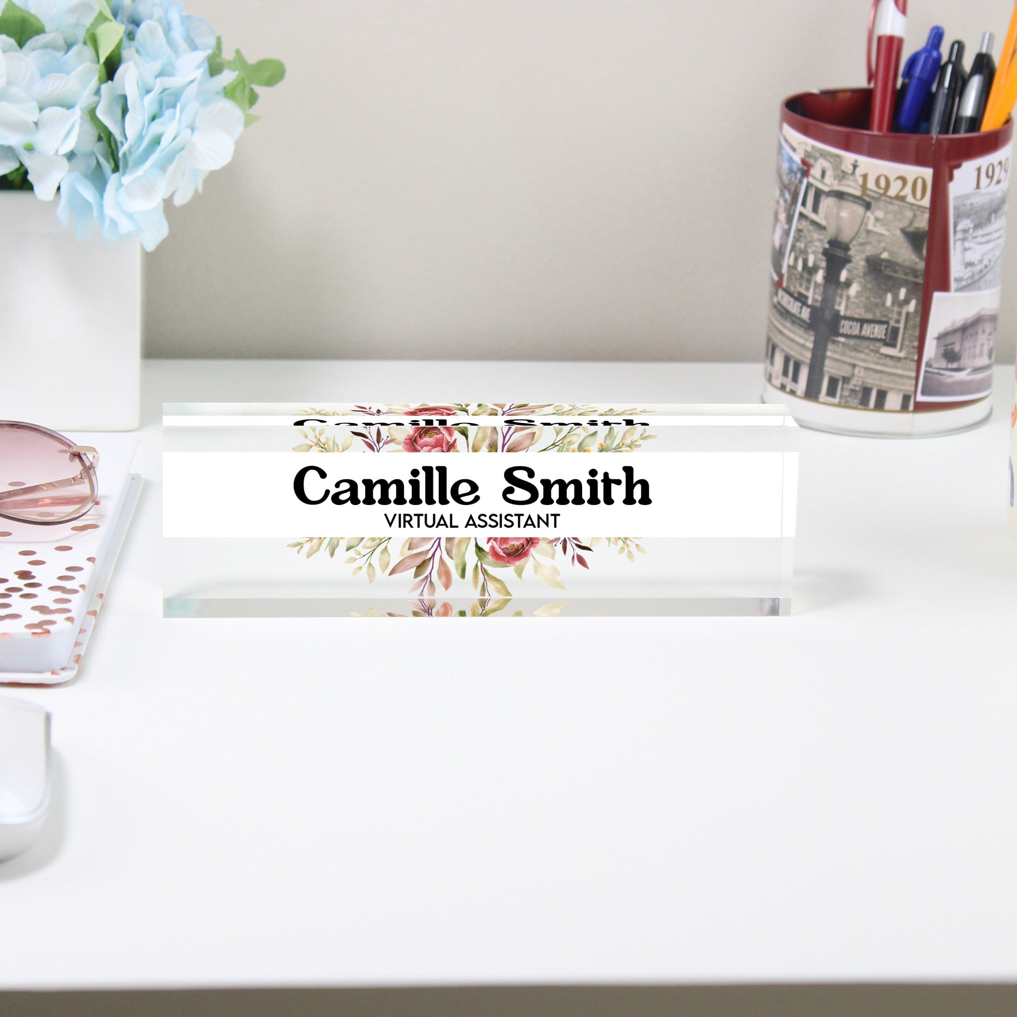Personalized Floral Acrylic Desk Name Plate - Customizable Office Decor for Virtual Assistants - Perfect Gift for Professionals - Image 2