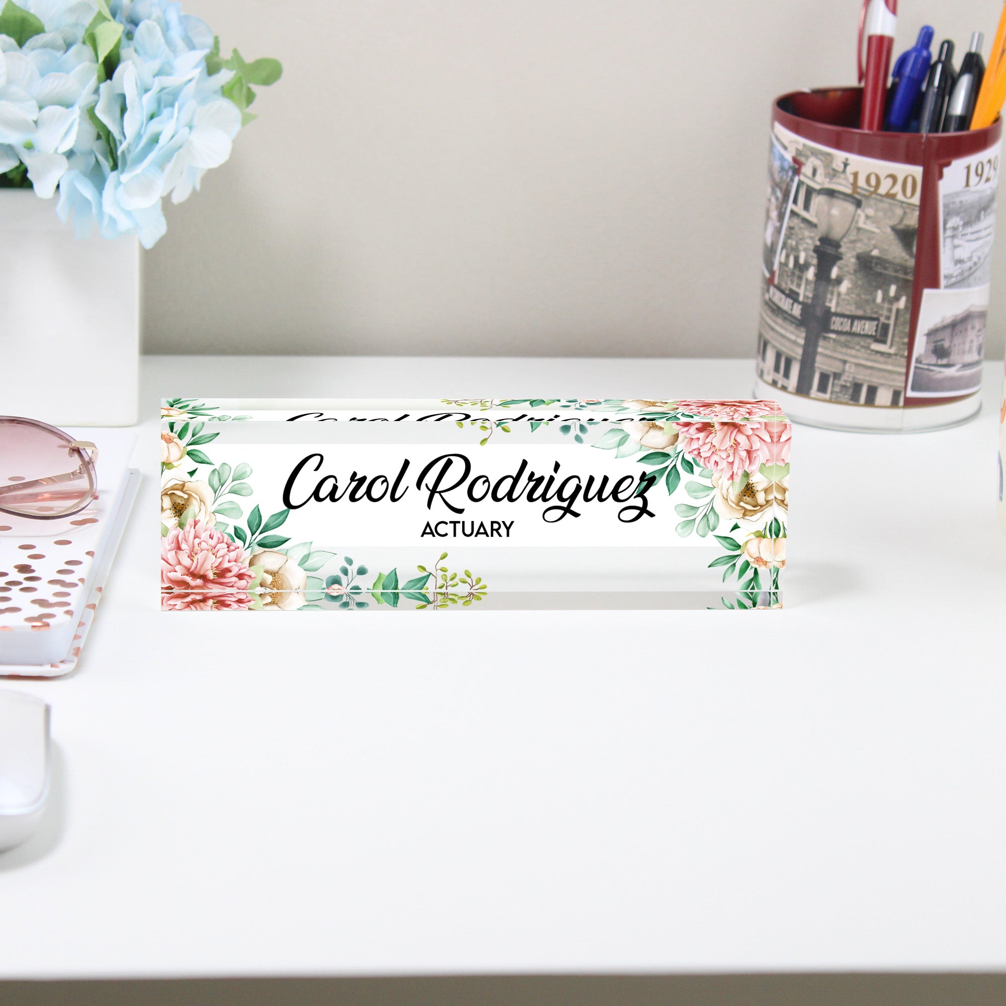 Personalized Floral Acrylic Desk Name Plate - Custom Engraved Gift for Actuaries, Elegant Office Decor - Image 2