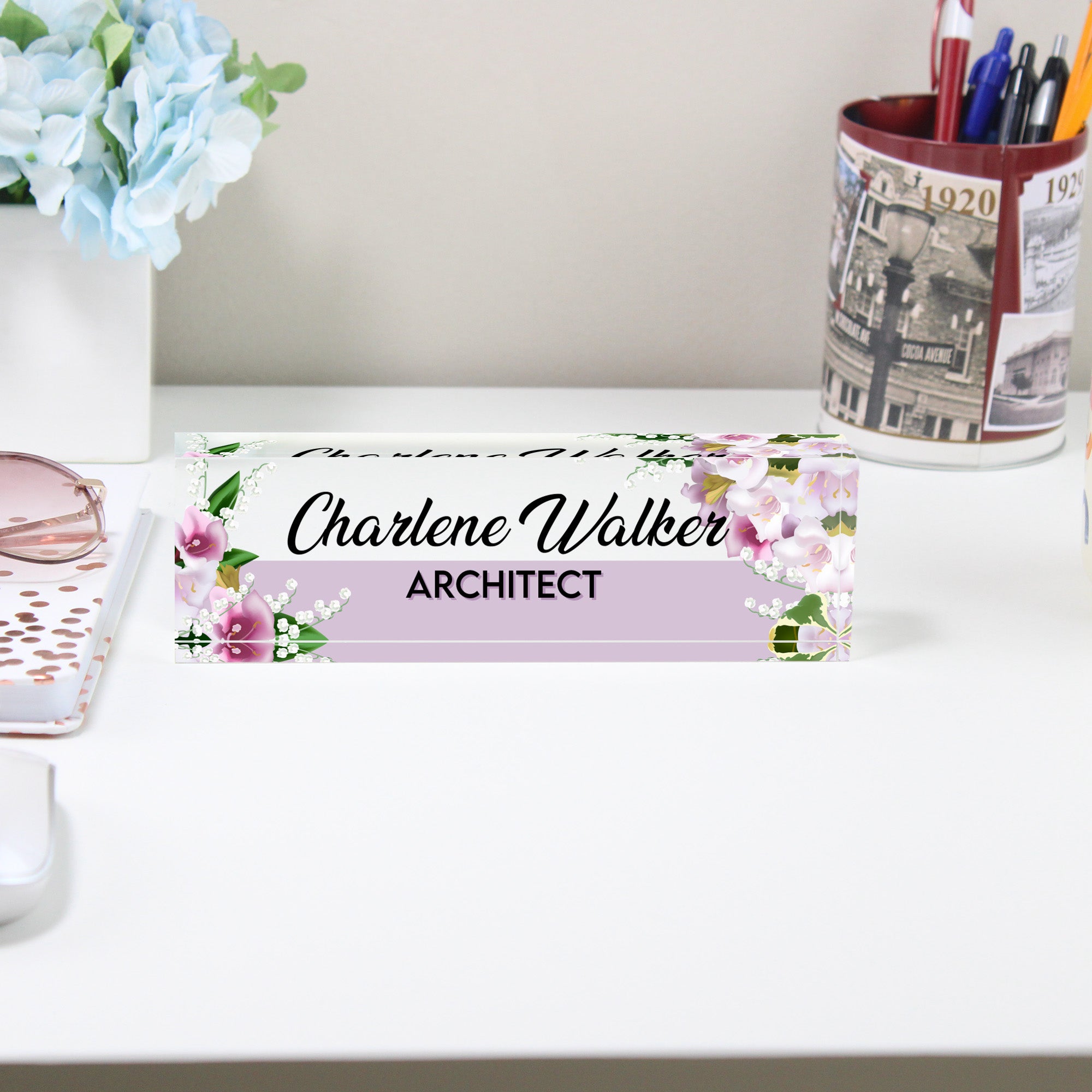 Personalized Floral Acrylic Desk Name Plate - Custom Architect Block with Lily and Orchid Design for Office Decor - Image 2