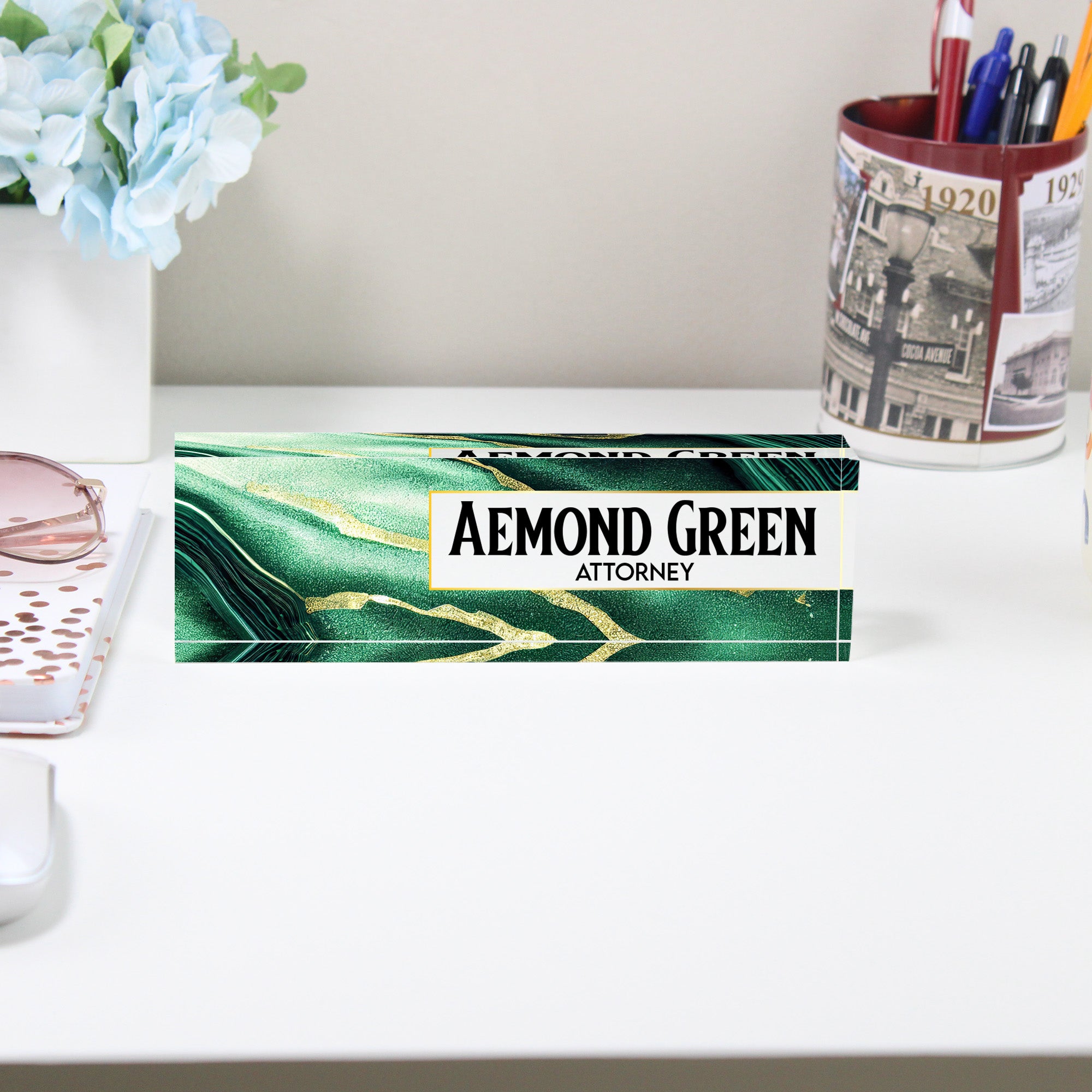 Personalized Acrylic Desk Name Plate - Custom Green Marble Design for Attorneys and Professionals - Image 2