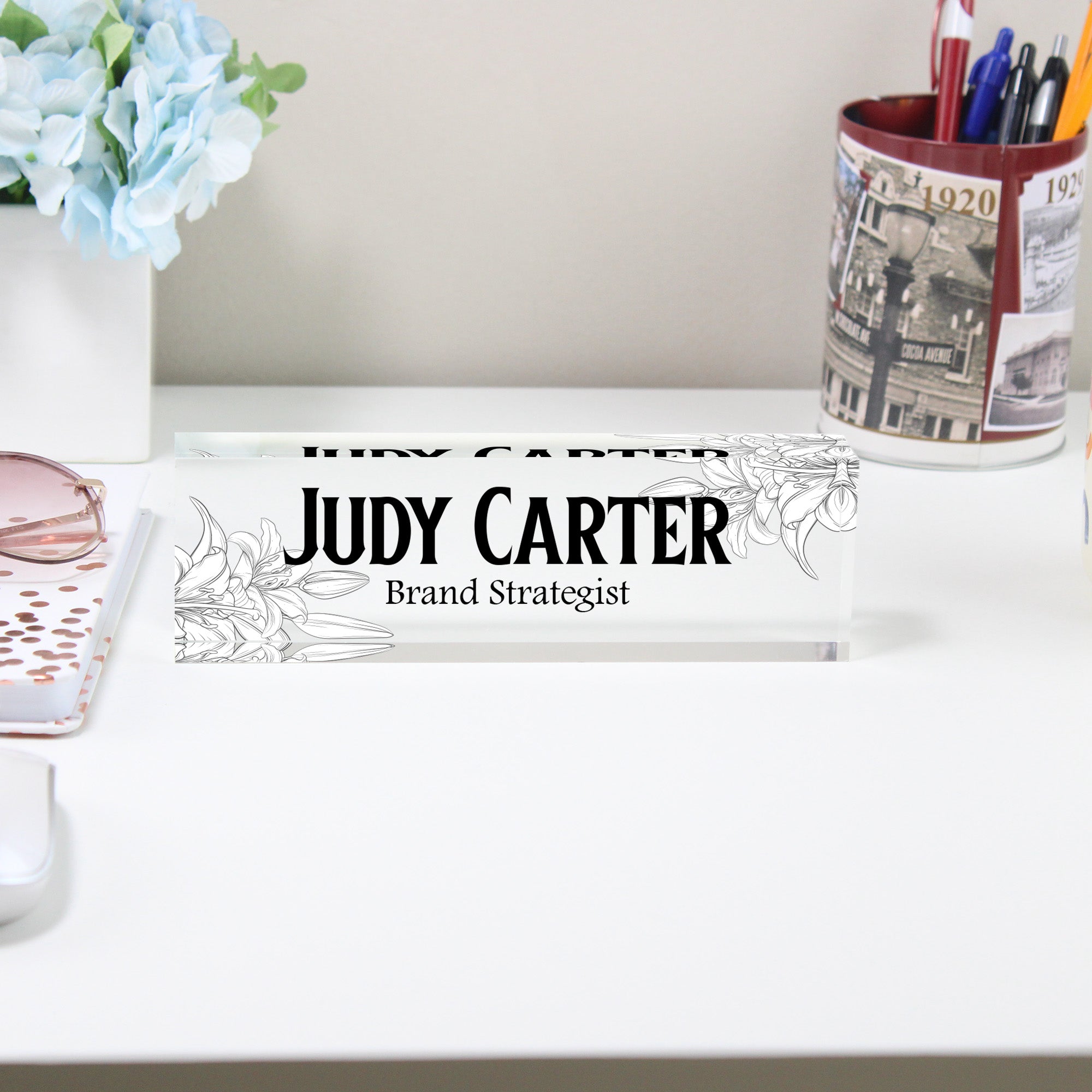 Personalized Acrylic Desk Name Plate with Floral Design - Custom Office Decor for Brand Strategists and Professionals - Image 2