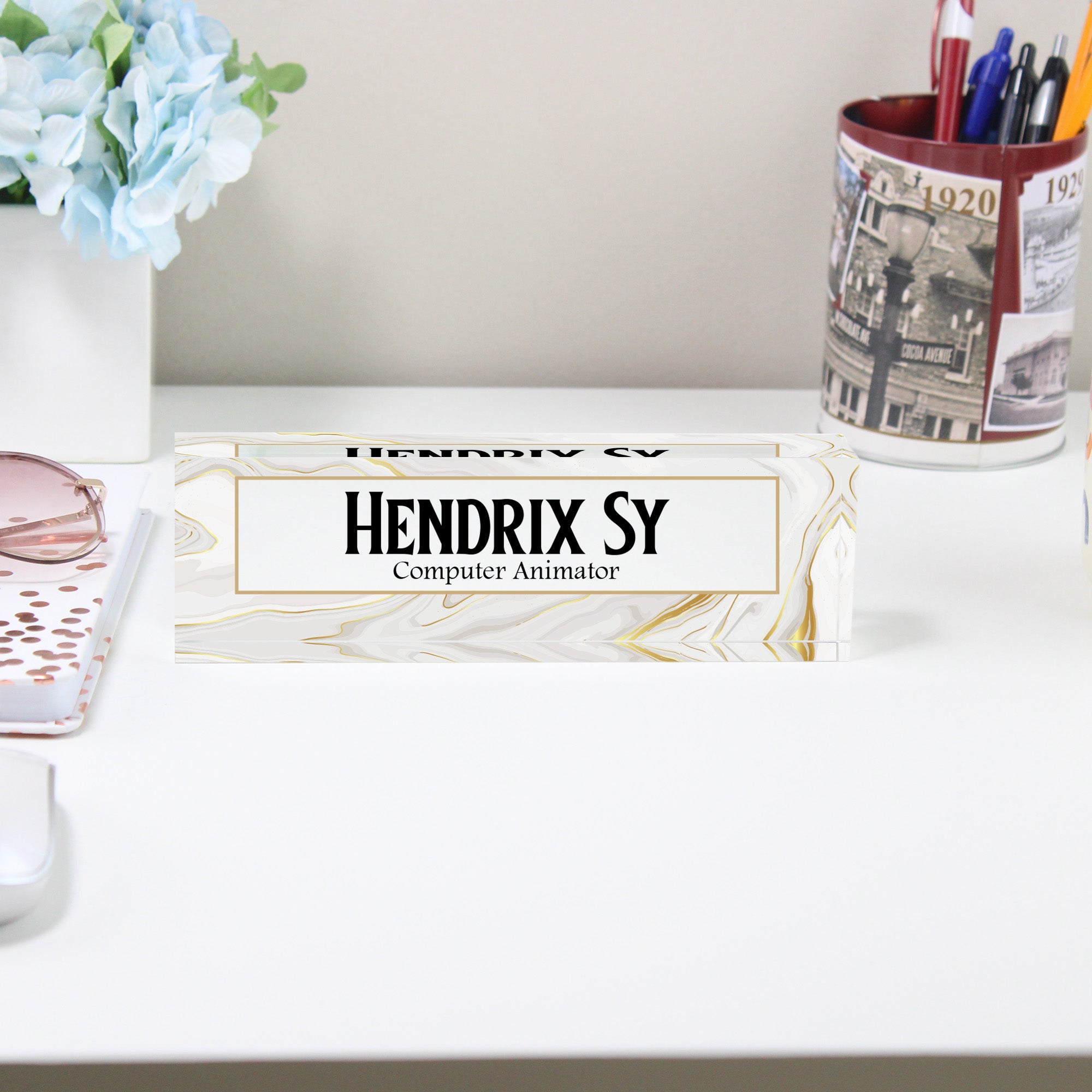 Personalized Marble Acrylic Desk Block for Computer Animators - Custom Nameplate Gift for Office Decor - Image 2