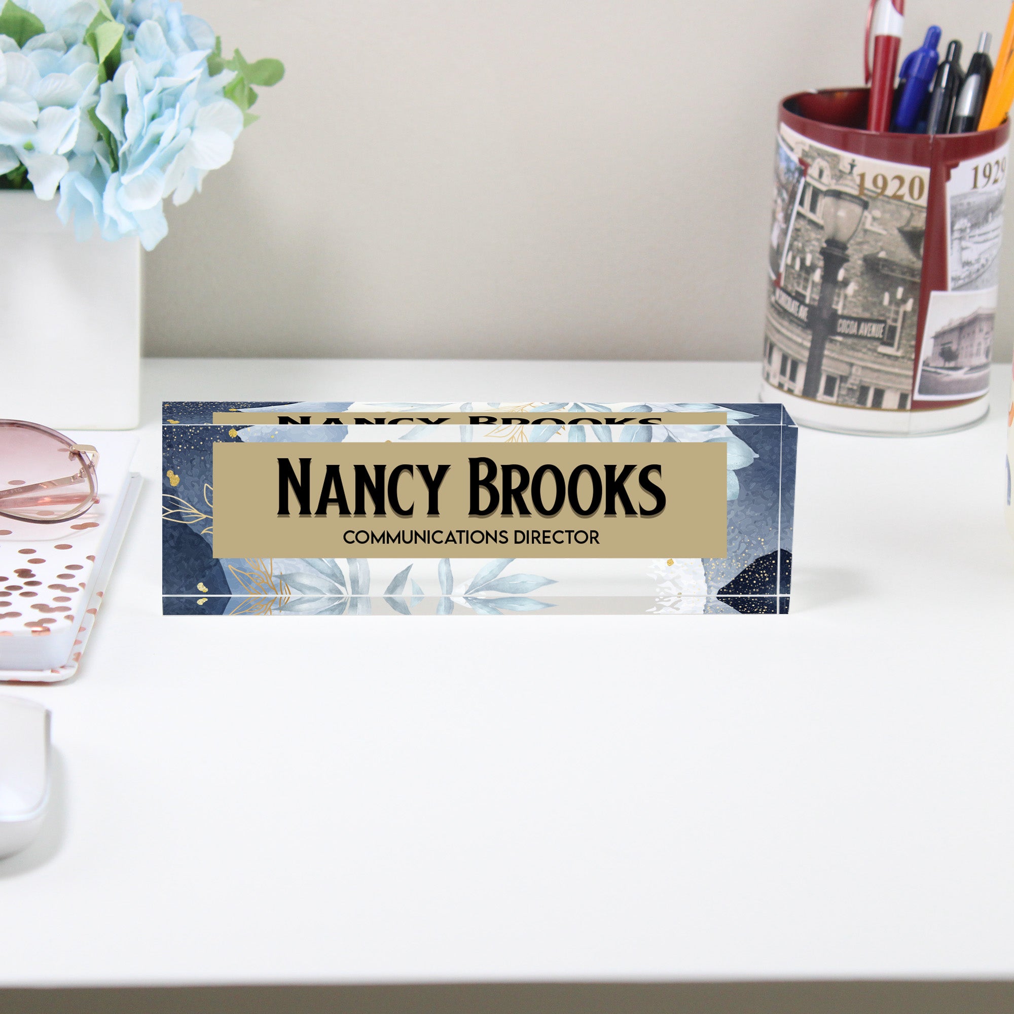 Personalized Acrylic Desk Block Nameplate with Elegant Floral Design - Perfect for Office Decor and Gift Giving - Image 2