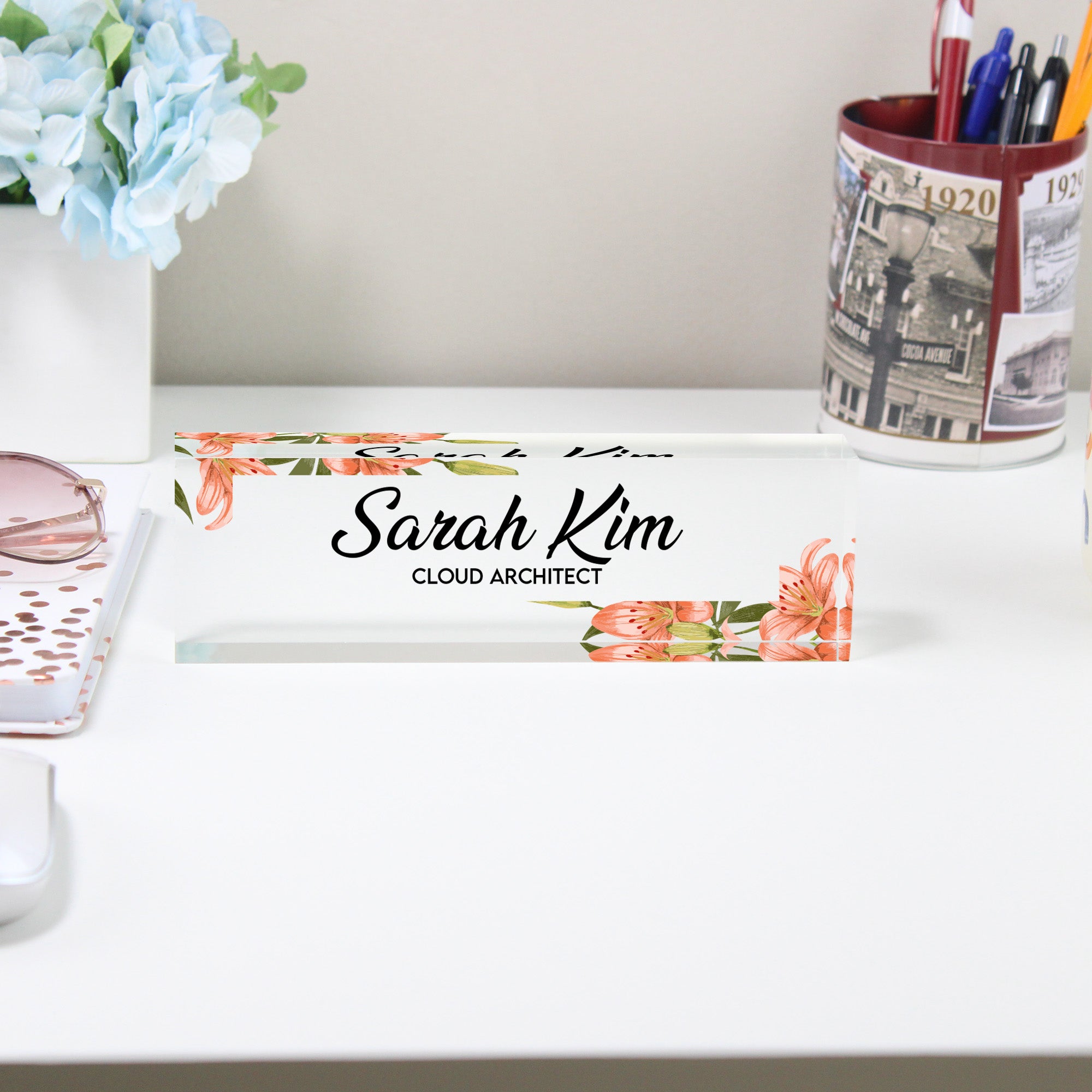 Personalized Floral Acrylic Desk Block - Custom Name & Title - Elegant Office Decor & Thoughtful Gift for Professionals - Image 2