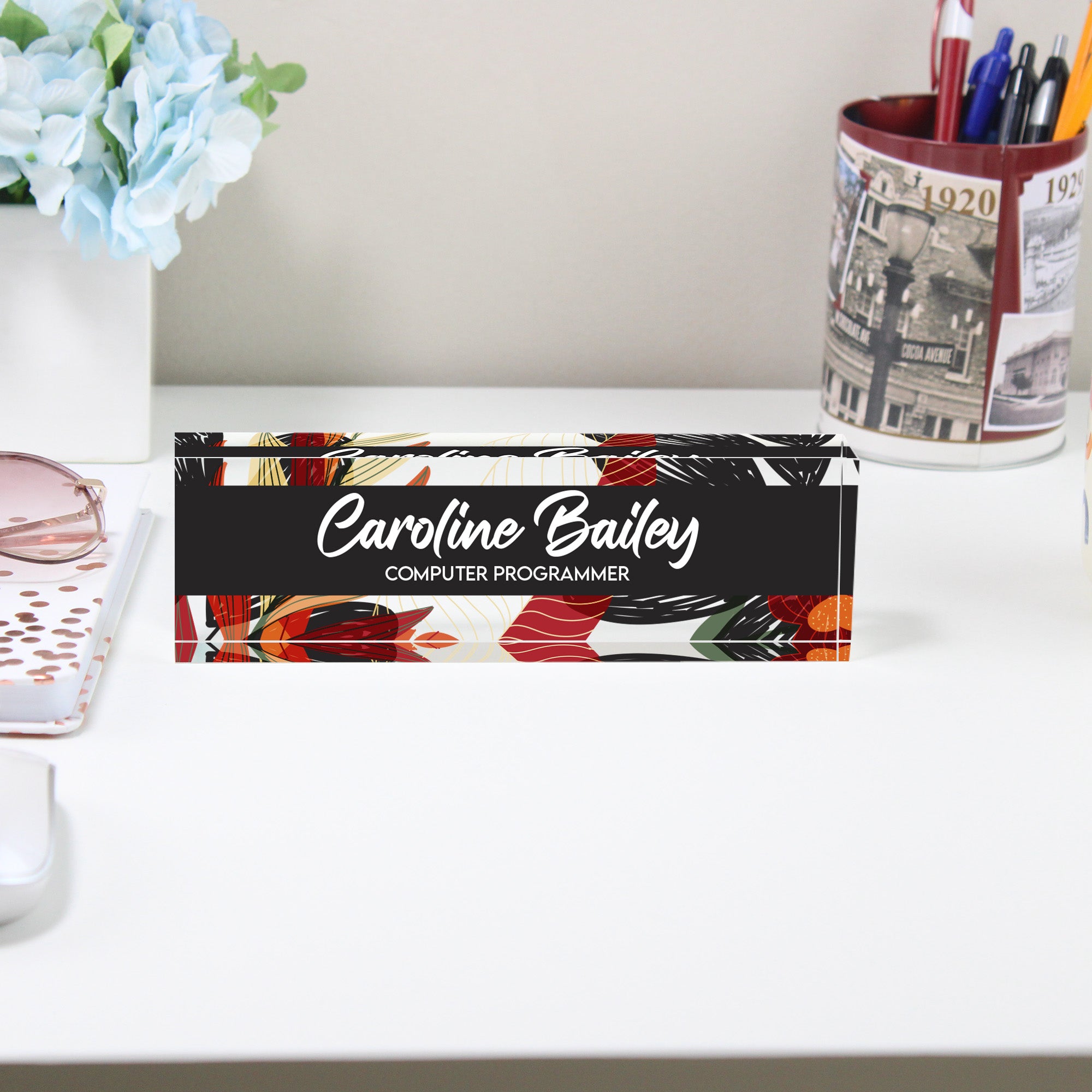 Personalized Acrylic Desk Block with Floral Design - Custom Name Plate for Computer Programmers - Image 2
