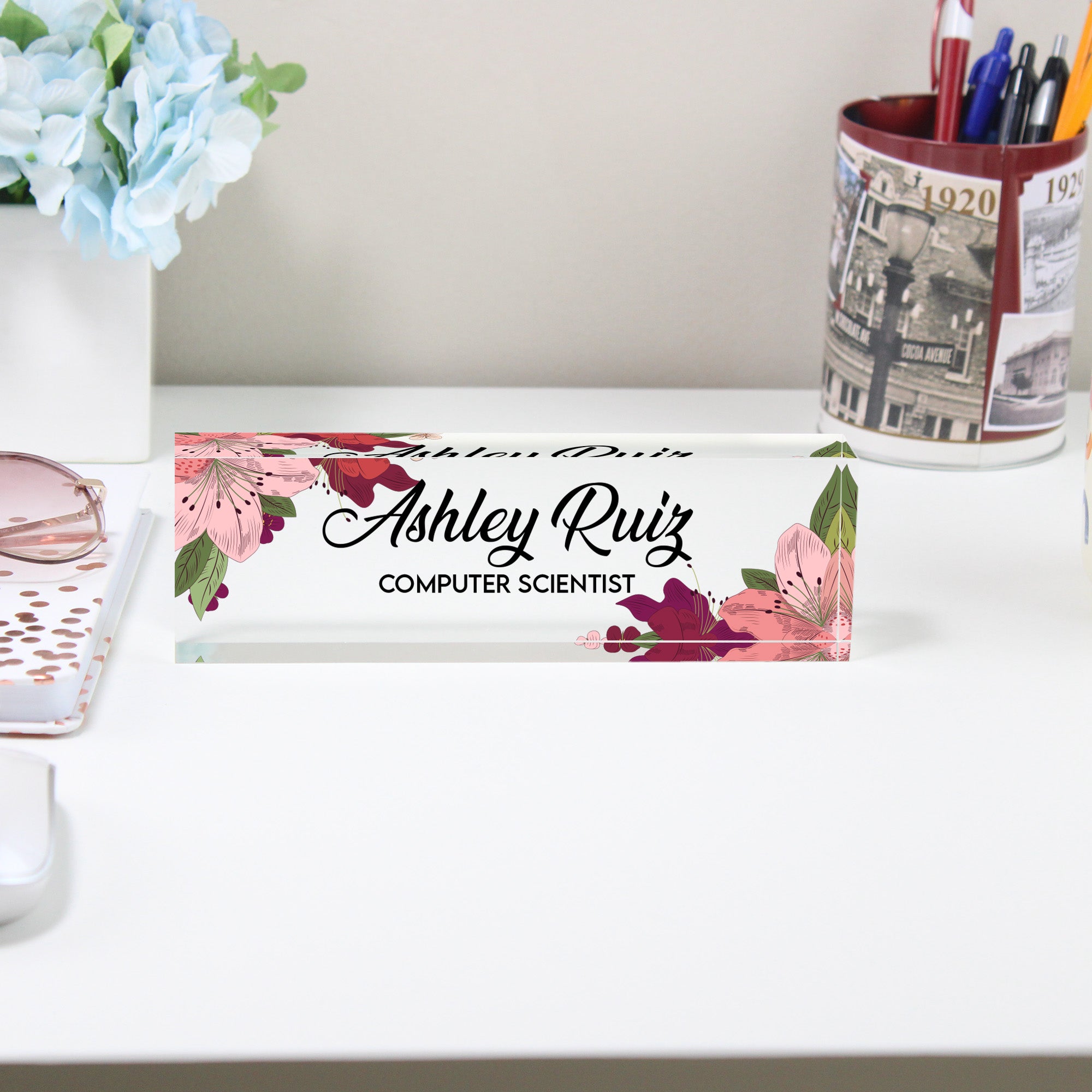 Personalized Floral Acrylic Desk Name Block - Custom Office Decor for Computer Scientists - Image 2