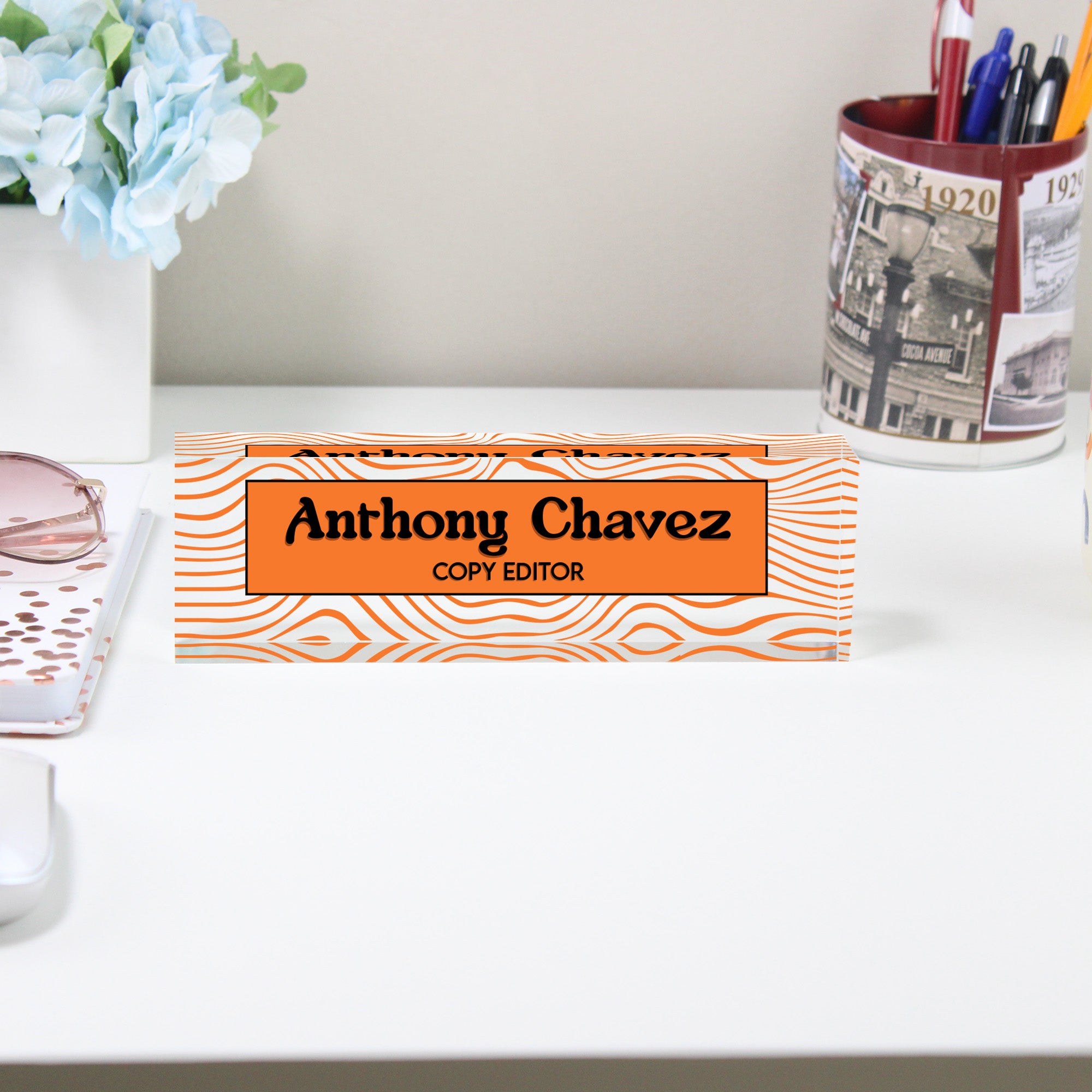 Personalized Acrylic Desk Block - Custom Nameplate with Vibrant Orange Wave Design for Copy Editors - Image 2