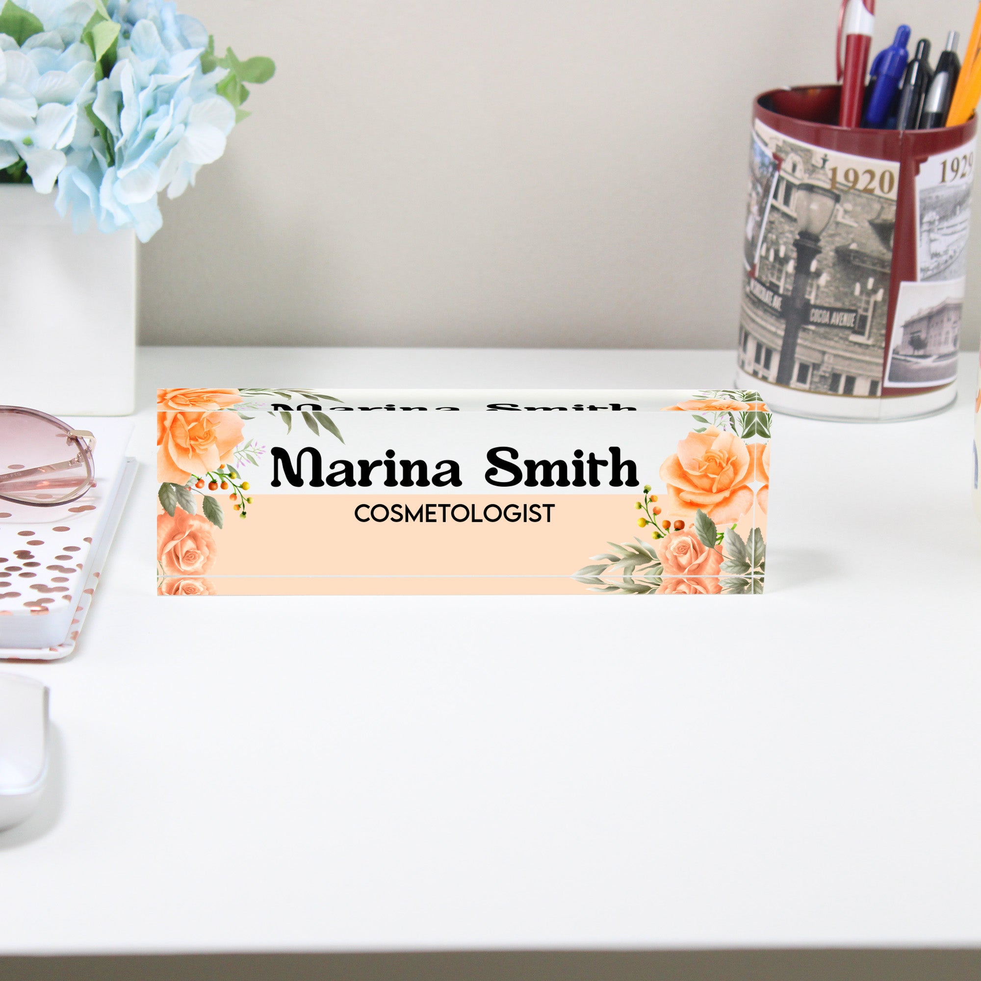 Personalized Floral Acrylic Desk Block - Custom Nameplate for Cosmetologist - Unique Handmade Gift for Beauty Professionals - Image 2