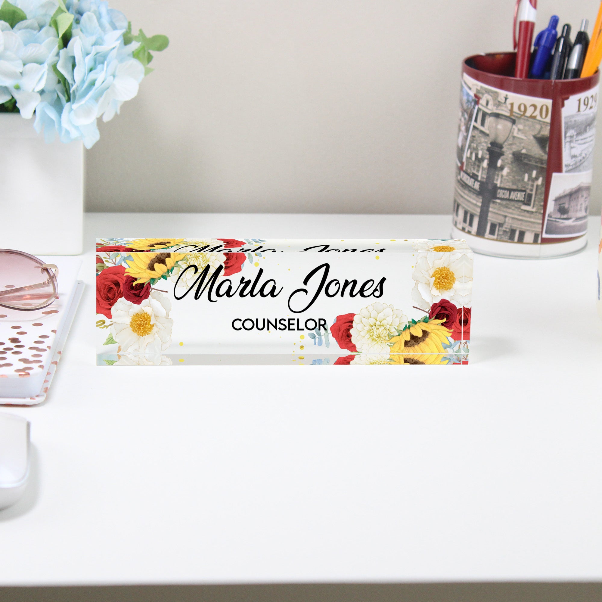 Personalized Floral Acrylic Desk Block Name Plate for Counselors – Elegant Office Decor and Thoughtful Gift Idea - Image 2