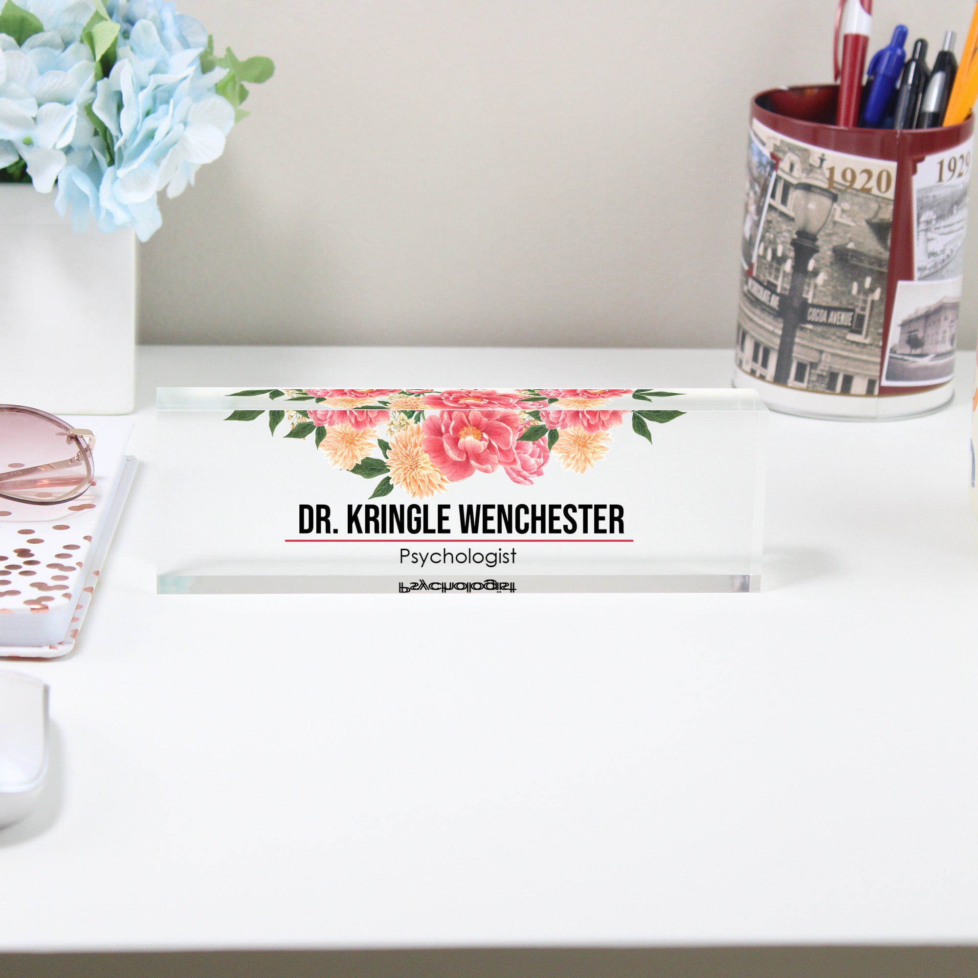 Personalized Acrylic Desk Block with Floral Design – Custom Name Plaque for Psychologists, Teachers, and Professionals - Image 2