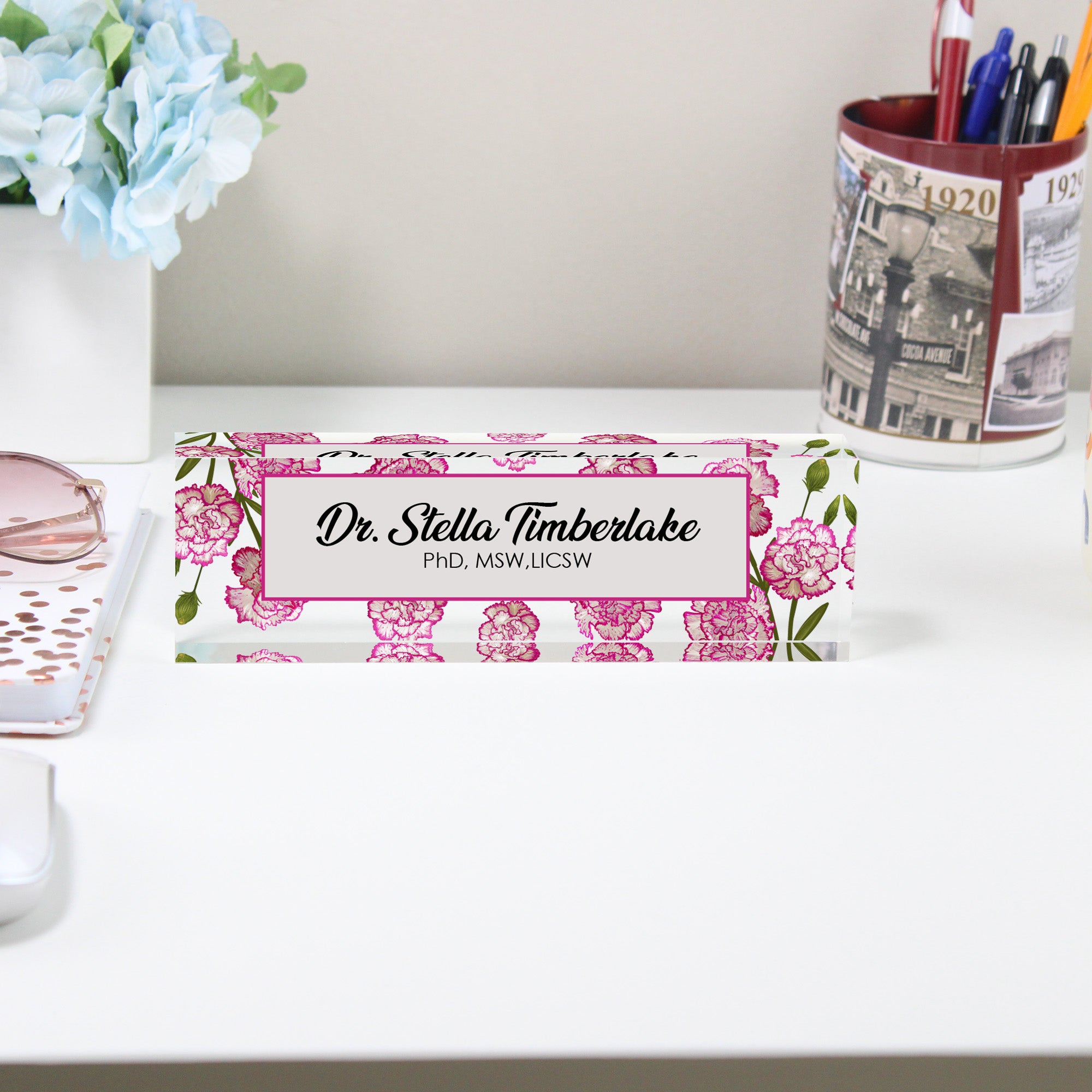 Personalized Floral Acrylic Desk Block – Custom Name Plate with Pink Carnation Design for Office Professionals - Image 2