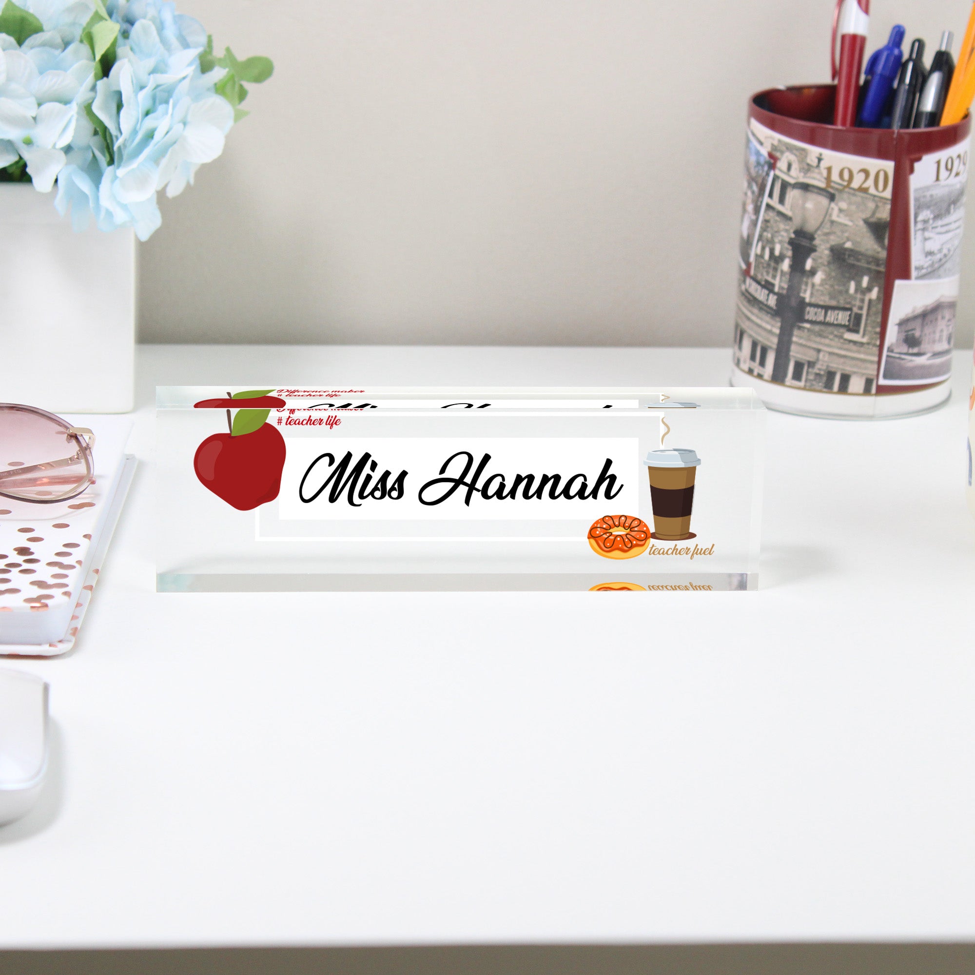 Personalized Acrylic Desk Block for Teachers - Custom Nameplate with Apple and Coffee Designs, Perfect Gift for Educators - Image 2