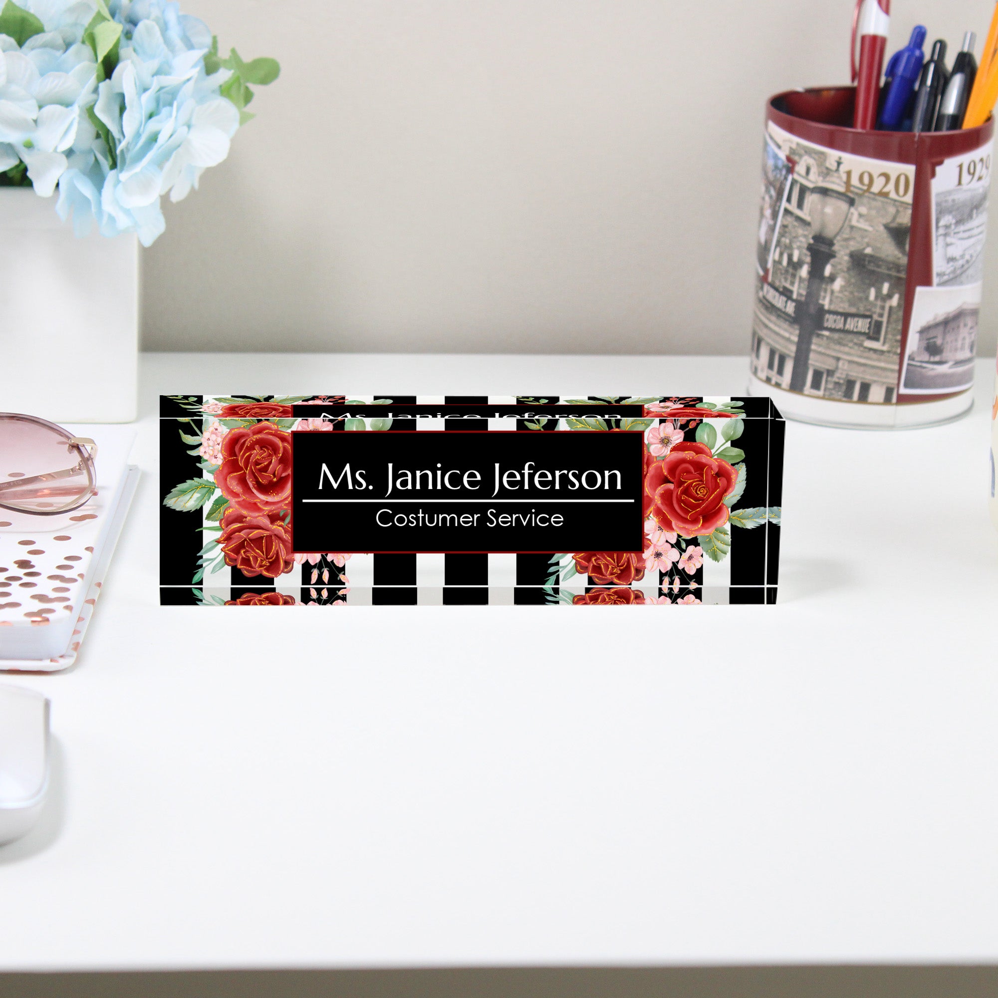 Elegant Personalized Acrylic Desk Block with Floral Design for Custom Service Professionals - Perfect Gift for Office Décor - Image 2