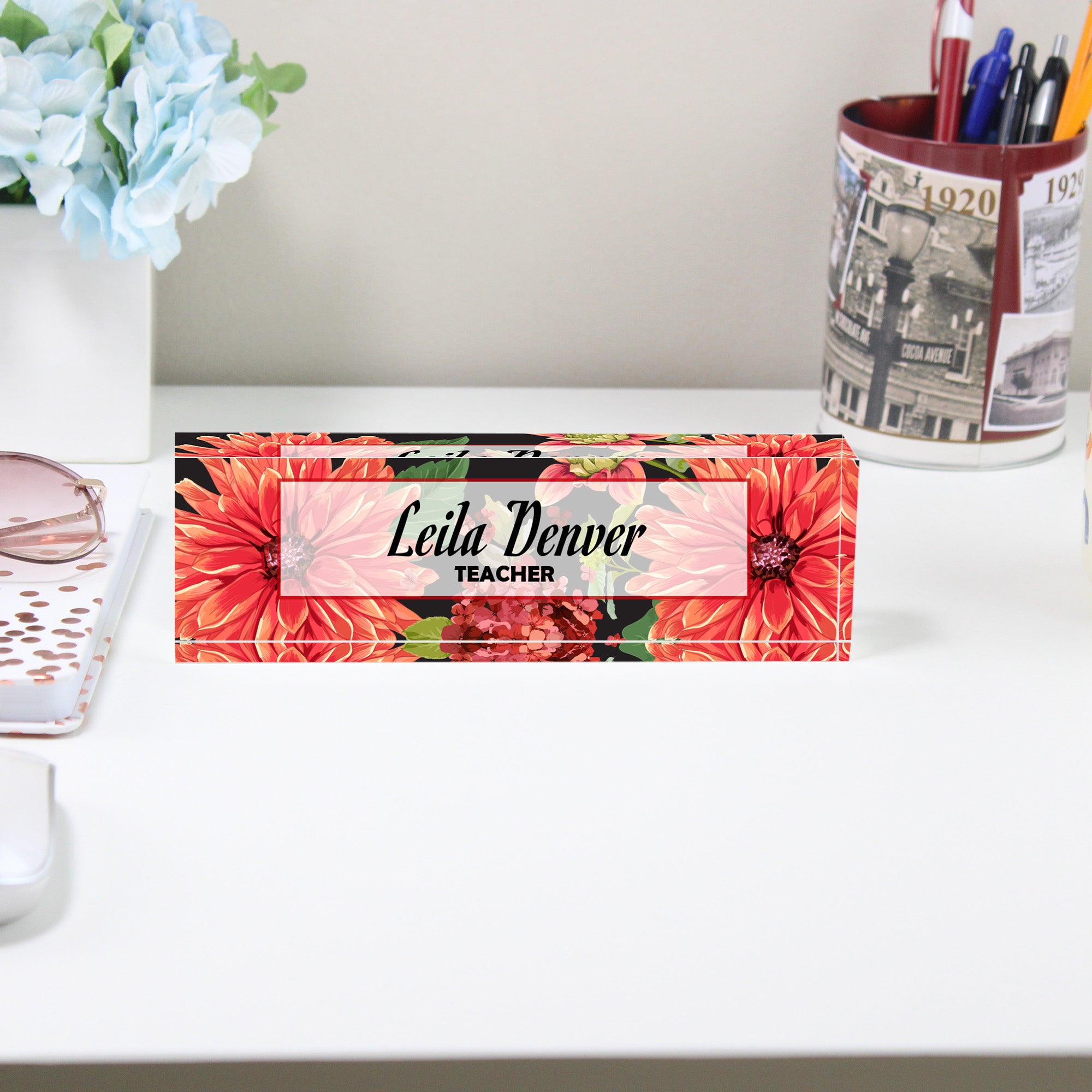 Personalized Floral Acrylic Desk Name Block - Custom Teacher Gift with Elegant Flower Design - Image 2