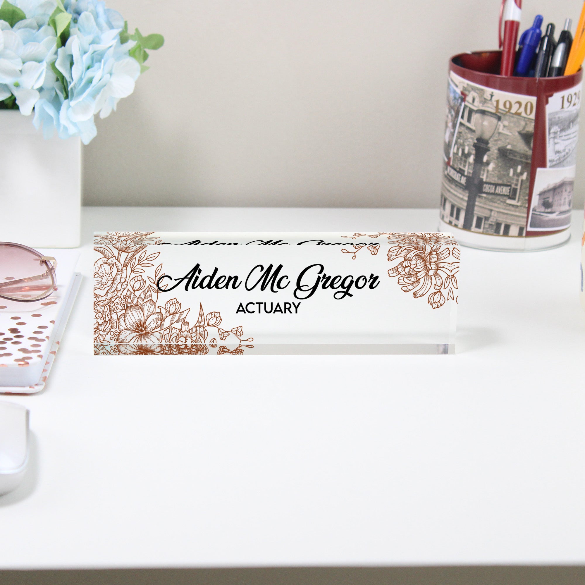 Elegant Personalized Acrylic Desk Block with Floral Engraving - Perfect Custom Gift for Professionals - Image 2