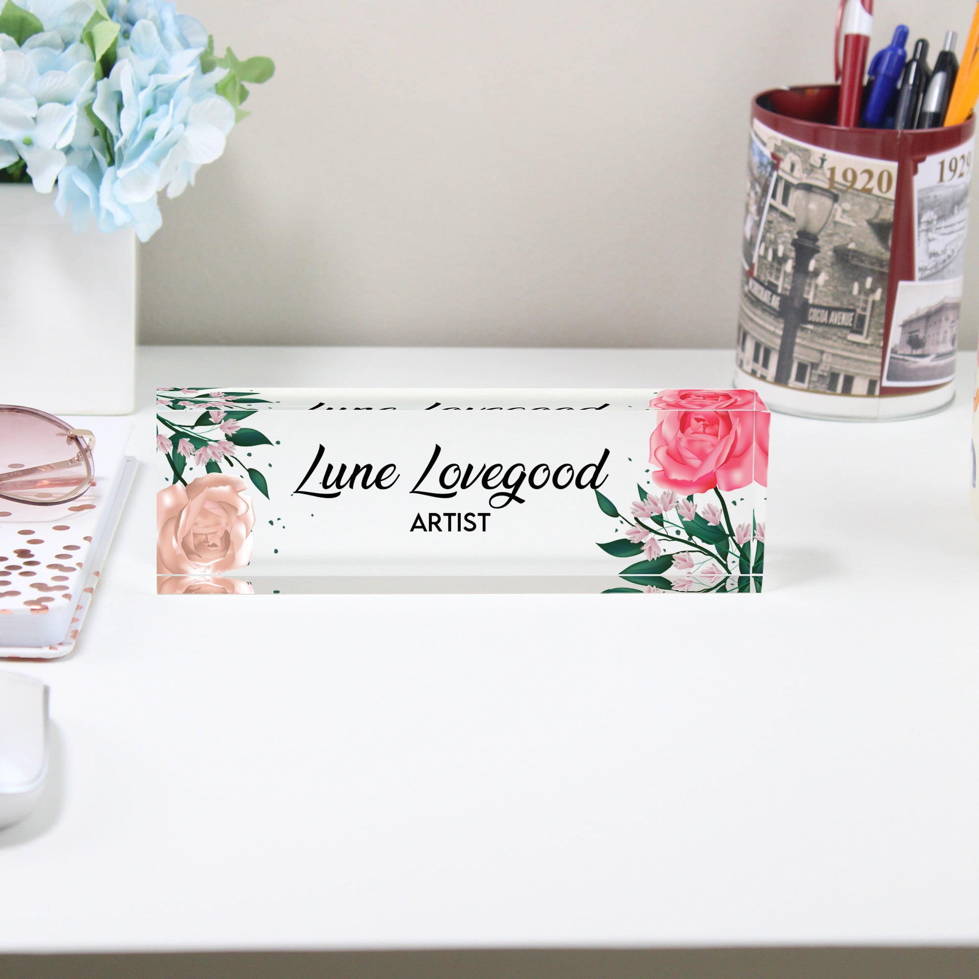 Personalized Floral Acrylic Desk Block - Custom Name and Title Art Decor for Unique Gift Giving - Image 2