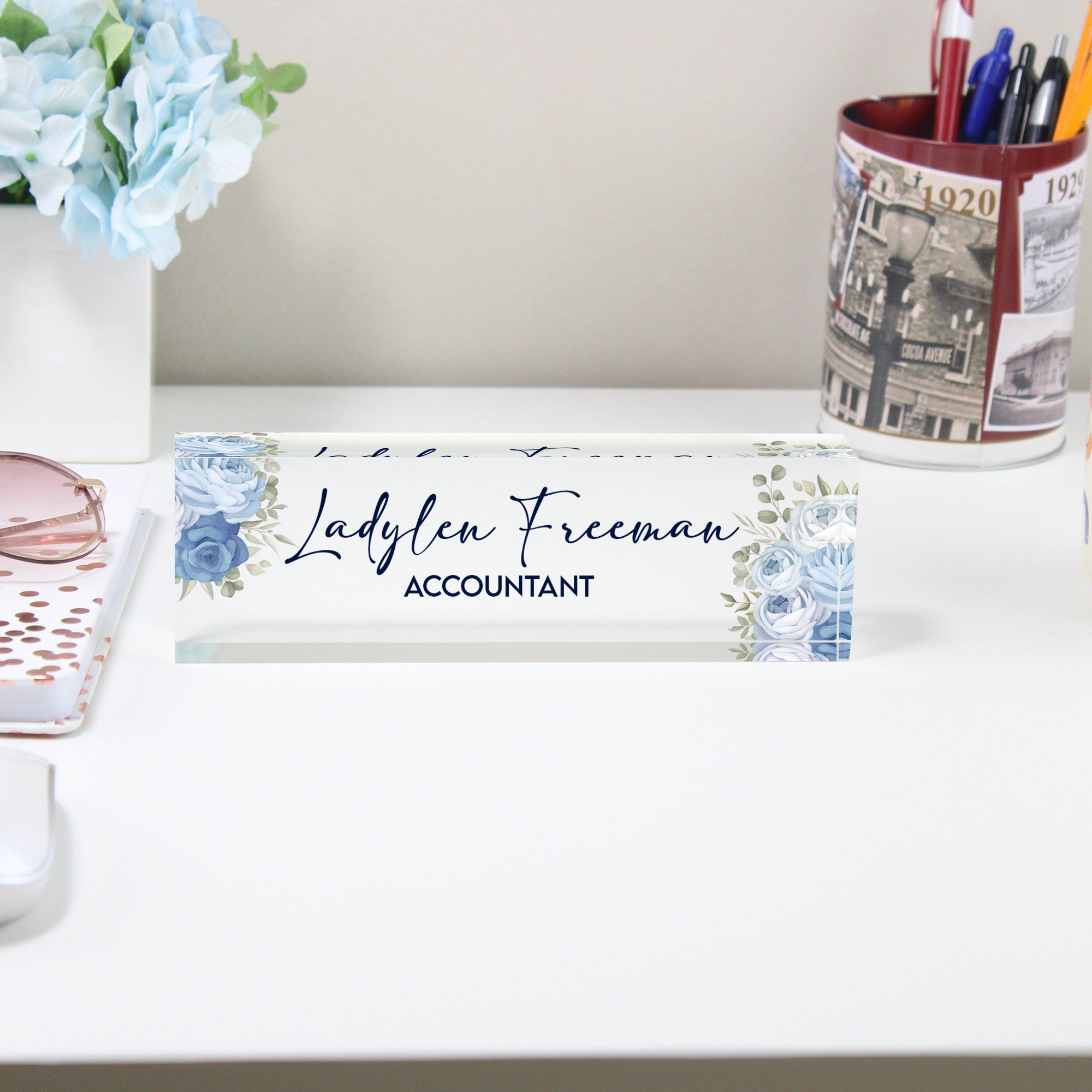 Personalized Acrylic Desk Nameplate with Elegant Blue Floral Design - Ideal Gift for Professionals and Home Offices - Image 2
