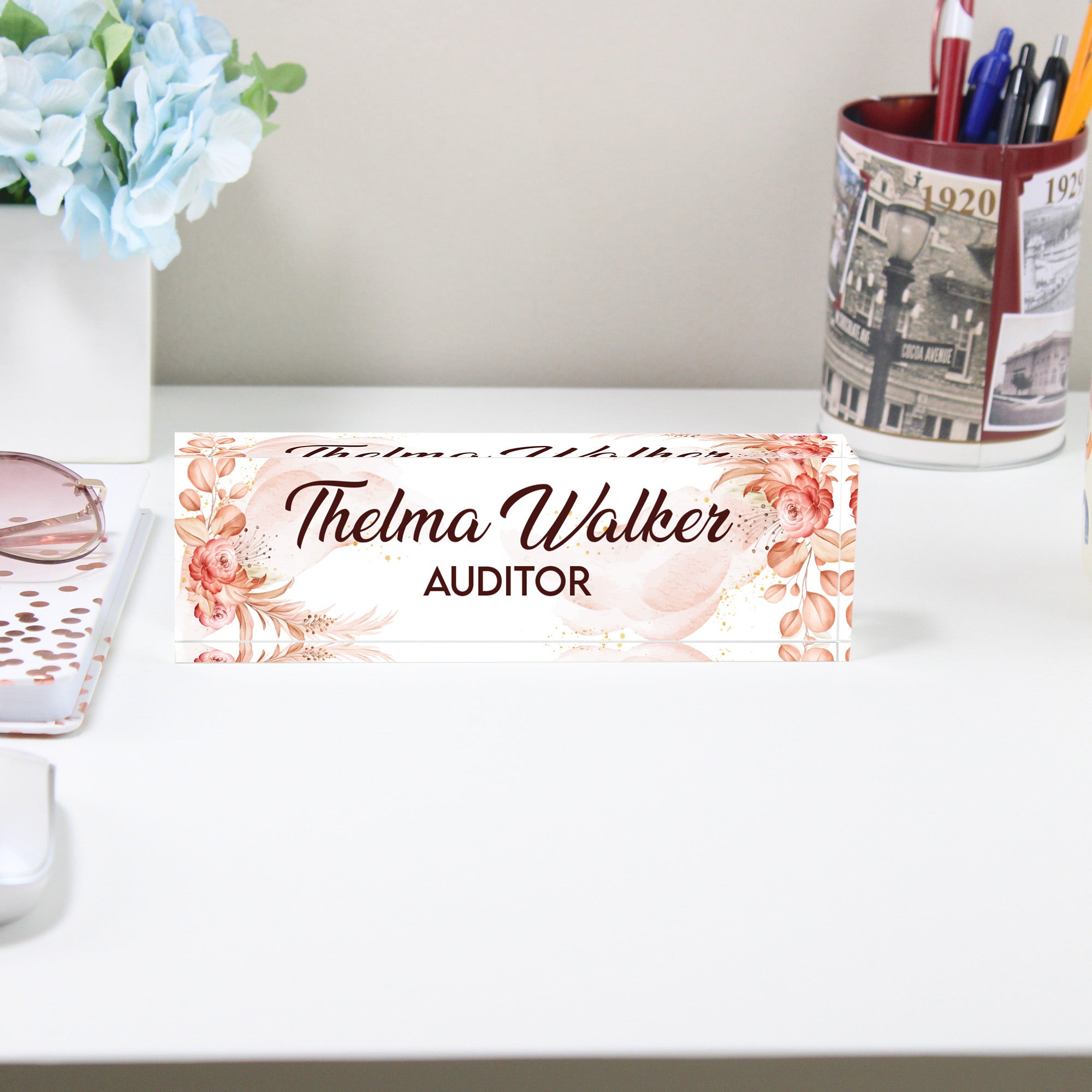 Personalized Floral Acrylic Desk Name Plate – Custom Name Block for Auditors – Elegant Office Gift with Rustic Floral Design - Image 2