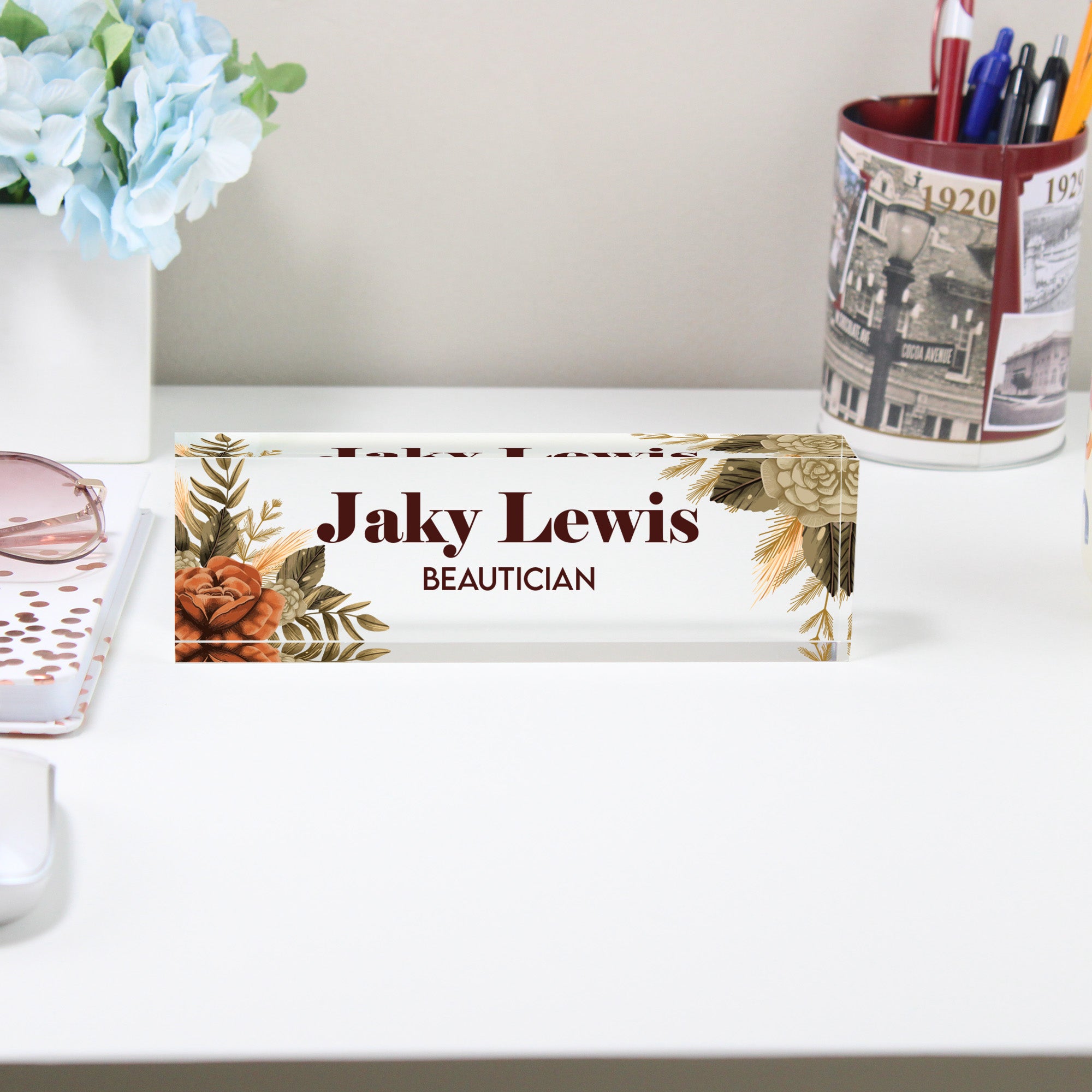 Personalized Acrylic Desk Name Plate with Floral Design – Custom Handmade Beautician Desk Decor for Professional & Gift Giving - Image 2